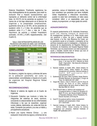 Estancia Hospitalaria: Finalmente registramos los
días intrahospitalarios de los pacientes, para medir su
evolución final e impacto socioeconómico que
representa un deficiente control del la enfermedad
base. Un 45.31% de los pacientes se quedaron 1 o
menos de un día bajo observación en el Servicio de
Urgencias y no presentaban complicaciones,
igualmente cerca de un 35.16%, de los pacientes se
quedaron entre 2 y 3 días; los pacientes que se
quedaron entre 4 y 7 días y más de 7 días,
requirieron de soporte y cuidado hospitalario
avanzado. (10.16% y 9.38% respectivamente). (Ver
Cuadro 4).
!
!
CONCLUSIONES
Se observo y registro los signos y síntomas del asma
en la población panameña, así como su
estacionalidad, comorbilidades e impacto en el cuarto
de urgencias del Hospital Regional Rafael
Hernandez.
!
RECOMENDACIONES.
1. Mejorar el sistema de registro en el Cuarto de
Urgencias.
2. Educación Colectiva que involucre a todos los
integrantes del sistemas de salud, oportuna,
conociendo la estacionalidad de las enfermedades
infecciosas o las que se exacerban, organizar
cursos, talleres, diplomados, etc; antes del inicio de
estas, Constante que perdure y se cree un hábito y
principalmente actualizada.
3. Hacer una buena Historia Clínica , y una
evaluación inicial entre los signos y síntomas de los
pacientes, versus el tratamiento que recibe, hay
que considerar que pacientes que tiene múltiples
visitas hospitalarias o infecciones recurrentes,
pueden no estar bien controlados, en tales casos
considerar referir a un especialista, para que
evalué y le proporcione un mejor grado de control.
!
AGRADECIMIENTOS:
En especial gradecimientos al Dr. Alcibíades Arosemena,
q u i e n n o s i m p u l s a s i e m p r e a l d e s a r r o l l o
de investigaciones científicas al Dr. Pablo Acosta quien
con paciencia y crítica, me guío y asesoró durante
esta travesía, a la Dra. Adis Barahona De Cukier, por
su grandísima ayuda en el hospital y orientadora de los
permisos necesarios para la investigación, y finalmente al
personal de los departamentos de Registros Médicos y
la Dirección de Estadística del Hospital Regional Rafael
Hernández, que me proporcionaron una total cooperación,
ayuda y respaldo, durante todo el tiempo que duro el
proceso de realización de esta tarea.
REFERENCIAS BIBLIOGRAFICAS
1. Organización Mundial de la Salud (OMS). Datos y Cifras del
Asma. (1 de mayo de 2011). Obtenido de World
Health Organization: http://www.who.int/features/
factfiles/asthma/es
2. Nacional Institutes of Health (NIH). Global Initiative for
Asthma (GINA). Global Initiative for Asthma
management and prevention. National Institutes of
H e a l t h . N I P p u b l i c a t i o n 2 0 1 1
(www.ginasthma.com) 2011.
3. Epidemiología del asma. Mario Humberto Vargas Becerra.
Sociedad Mexicana de Neumología y Cirugía de
Tórax, Vol. 68(S2):S91-S97, 2009.
4. Vargas MH, Sienra J, Díaz G, Olvera R, León M. Grupo de
Estudio del Asma en el Niño. Aspectos
epidemiológicos del asma infantil en México. Gac
Med Mex1996;132: 255-65
5. Chan-Yeung M, Malo JL. Asthma in the workplace and
occupational asthma. In: Mason RJ, Broaddus VC,
Martin TR, et al., eds. Murray & Nadel's Textbook
of Respiratory Medicine. 5th ed. Philadelphia, Pa.:
Elsevier Saunders; 2010:chap 64.
6. Cowl CT. Occupational asthma: review of assessment,
treatment, and compensation. Chest.
2011;139:674-681.
7. Nacional Institutes of Health (NIH). Global Initiative for
Asthma (GINA). Global Initiative for Asthma
management and prevention. National Institutes of
Health. NIP publication 2011.
Tabla 4. DÍAS INTRAHOSPITALARIOS DE LOS
PACIENTES CON CRISIS DE ASMA, QUE VISITARON
EL CUARTO DE URGENCIAS DEL H.R.R.H. EN EL 2012.
Días
Intrahospitalarios
Casos Porcentaje
1 Día 58 45.31%
2-3 Días 45 35.16%
4-7 Días 13 10.16%
> 7 Días 12 9.38%
Chiriquí 2014Revista SOCEM. Vol 313
 