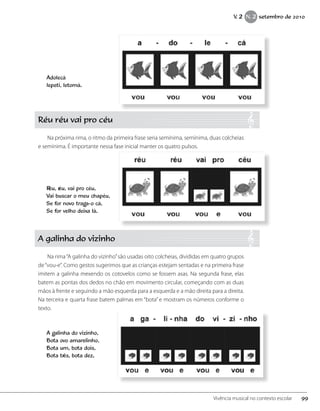 Adolecá
lepeti, letomá.
Réu réu vai pro céu
Na próxima rima, o ritmo da primeira frase seria semínima, semínima, duas colcheias
e semínima. É importante nessa fase inicial manter os quatro pulsos.
Réu, réu, vai pro céu,
Vai buscar o meu chapéu,
Se for novo traga-o cá,
Se for velho deixa lá.
A galinha do vizinho
Na rima“A galinha do vizinho”são usadas oito colcheias, divididas em quatro grupos
de“vou-e”. Como gestos sugerimos que as crianças estejam sentadas e na primeira frase
imitem a galinha mexendo os cotovelos como se fossem asas. Na segunda frase, elas
batem as pontas dos dedos no chão em movimento circular, começando com as duas
mãos à frente e seguindo a mão esquerda para a esquerda e a mão direita para a direita.
Na terceira e quarta frase batem palmas em “bota” e mostram os números conforme o
texto.
A galinha do vizinho,
Bota ovo amarelinho,
Bota um, bota dois,
Bota três, bota dez.
99Vivência musical no contexto escolar
V. 2 N. 2 setembro de 2010
 