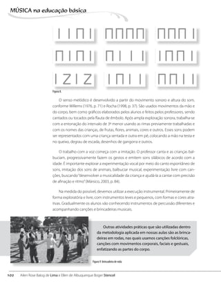 O senso melódico é desenvolvido a partir do movimento sonoro e altura do som,
conforme Willems (1976, p. 71) e Rocha (1998, p. 37). São usados movimentos da mão e
do corpo, bem como gráficos elaborados pelos alunos e feitos pelos professores, sendo
cantados ou tocados pela flauta de êmbolo. Após ampla exploração sonora, trabalha-se
com a entonação do intervalo de 3ª menor usando as rimas previamente trabalhadas e
com os nomes das crianças, de frutas, flores, animais, cores e outros. Esses sons podem
ser representados com uma criança sentada e outra em pé, colocando a mão na testa e
no queixo, degrau de escada, desenhos de gangorra e outros.
O trabalho com a voz começa com a imitação. O professor canta e as crianças bal-
buciam, progressivamente fazem os gestos e emitem sons silábicos de acordo com a
idade. É importante explorar a experimentação vocal por meio do canto espontâneo de
sons, imitação dos sons de animais, balbuciar musical, experimentação livre com can-
ções, buscando“desenvolver a musicalidade da criança e ajudá-la a cantar com precisão
de afinação e ritmo”(Mársico, 2003, p. 84).
Na medida do possível, devemos utilizar a execução instrumental. Primeiramente de
forma exploratória e livre, com instrumentos leves e pequenos, com formas e cores atra-
tivas. Gradualmente os alunos vão conhecendo instrumentos de percussão diferentes e
acompanhando canções e brincadeiras musicais.
Outras atividades práticas que são utilizadas dentro
da metodologia aplicada em nossas aulas são as brinca-
deiras em rodas, nas quais usamos canções folclóricas,
canções com movimentos corporais, faciais e gestuais,
enfatizando as partes do corpo.
Figura 8.
Figura 9: brincadeira de roda
102
MÚSICA na educação bбsica
Ailen Rose Balog de Lima e Ellen de Albuquerque Boger Stencel
 