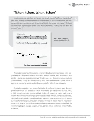 “Tchan, tchan, tchan, tchan”
Imagino que esse subtítulo tenha sido não simplesmente “lido”, mas “cantarolado”
pelo leitor, ainda que só mentalmente. Essa representação escrita corresponde, em nos-
sa memória, aos compassos mais famosos da história da música: o tema da 5ª Sinfonia
de Beethoven, expresso pelo pintor russo Wassily Kandinsky (1947, p. 43) por meio de
pontos (Figura 1).
A notação musical analógica, como o nome indica, baseia-se na analogia entre pro-
priedades do campo auditivo e do visual. Alto, baixo, horizontal, vertical, contorno, pro-
porção e outras são qualidades compartilhadas por esses dois domínios perceptivos
(Sampaio Neto, 2000, p. 41; Schafer, 1997, p. 176). Sons remetem-nos a formas visuais e
vice-versa, como uma aproximação, não uma cópia fiel. Mímesis, não fotografia.
A notação analógica é um recurso facilitador da performance, da escuta e da com-
preensão musicais. Sua apreensão é mais imediata do que a tradicional (Gainza, 1982,
p. 106), o que lhe confere grande validade didática. Enquanto na escrita tradicional o
registro das durações requer longo aprendizado (padrões rítmicos, compassos e divisão),
na notação analógica ele é quase inequívoco: sons curtos são representados por pontos
ou traços horizontais pequenos; sons longos, por meio de traços maiores. No proces-
so de musicalização, ela tende a se desenvolver naturalmente, como continuidade da
movimentação pelo espaço. Surgem, então, pontos, linhas, contornos, emaranhados,
arabescos.
Figura 1.Tema da 5ªSinfonia de
Beethoven (Kandinsky, 1947, p. 43).
11Sopa de letrinhas: notações analógicas (des)construindo a forma musical
V. 2 N. 2 setembro de 2010
 