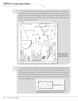 Em algumas propostas de composição e notação, a linearidade esquerda-direita é
preterida, como acontece em planos multidirecionais ou em formatos circulares. Nesses,
a leitura pode seguir qualquer direção, cabendo aos intérpretes decidir a sequência dos
eventos. É o caso de Alea IV – expressão (vozes e instrumentos), um dos estudos da peça
Percursos, de Carlos Kater (1990).
Por vezes, a leitura é aleatória ou os elementos podem ser permutados livremente. O
signo da Figura 9 (Antunes, 1989, p. 142) indica que o intérprete deve improvisar com as
notas dadas, permutando-as à vontade e repetindo-as de maneira regular ou irregular.
A linha horizontal à direita do retângulo significa que esse evento deve ter uma duração
longa. Ou seja, dentro do retângulo a leitura é multidirecional; fora dele, é linear. Como
as crianças reagiriam a isso?
Figura 8. AleaIV–Expressão
(vozes e instrumentos), da
peça Percursos (Kater, 1990).
Figura 9. Signo para“permutação livre entre os sons”(Antunes, 1989, p. 142).
16
MÚSICA na educação bбsica
Cecília Cavalieri França
 