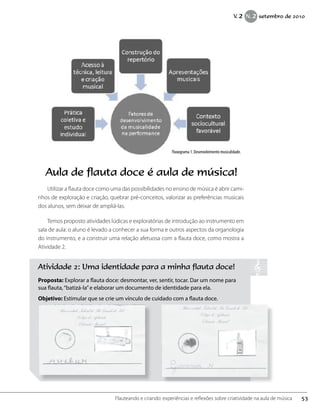 Fluxograma 1. Desenvolvimento musicalidade.
Aula de flauta doce é aula de música!
Utilizar a flauta doce como uma das possibilidades no ensino de música é abrir cami-
nhos de exploração e criação, quebrar pré-conceitos, valorizar as preferências musicais
dos alunos, sem deixar de ampliá-las.
Temos proposto atividades lúdicas e exploratórias de introdução ao instrumento em
sala de aula: o aluno é levado a conhecer a sua forma e outros aspectos da organologia
do instrumento, e a construir uma relação afetuosa com a flauta doce, como mostra a
Atividade 2.
Atividade 2: Uma identidade para a minha flauta doce!
Proposta: Explorar a flauta doce: desmontar, ver, sentir, tocar. Dar um nome para
sua flauta,“batizá-la”e elaborar um documento de identidade para ela.
Objetivo: Estimular que se crie um vínculo de cuidado com a flauta doce.
53Flauteando e criando: experiências e reflexões sobre criatividade na aula de música
V. 2 N. 2 setembro de 2010
 