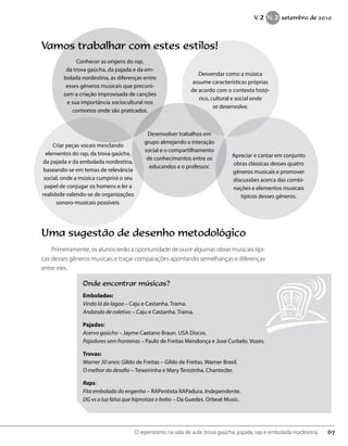 Conhecer as origens do rap,
da trova gaúcha, da pajada e da em-
bolada nordestina, as diferenças entre
esses gêneros musicais que preconi-
zam a criação improvisada de canções
e sua importância sociocultural nos
contextos onde são praticados.
Desvendar como a música
assume características próprias
de acordo com o contexto histó-
rico, cultural e social onde
se desenvolve.
Criar peças vocais mesclando
elementos do rap, da trova gaúcha,
da pajada e da embolada nordestina,
baseando-se em temas de relevância
social, onde a música cumprirá o seu
papel de conjugar os homens e ler a
realidade valendo-se de organizações
sonoro-musicais possíveis.
Apreciar e cantar em conjunto
obras clássicas desses quatro
gêneros musicais e promover
discussões acerca das combi-
nações e elementos musicais
típicos desses gêneros.
Desenvolver trabalhos em
grupo almejando a interação
social e o compartilhamento
de conhecimentos entre os
educandos e o professor.
Uma sugestão de desenho metodológico
Primeiramente, os alunos terão a oportunidade de ouvir algumas obras musicais típi-
cas desses gêneros musicais e traçar comparações apontando semelhanças e diferenças
entre eles.
Onde encontrar músicas?
Emboladas:
Vindo lá da lagoa – Caju e Castanha. Trama.
Andando de coletivo – Caju e Castanha. Trama.
Pajadas:
Acervo gaúcho – Jayme Caetano Braun. USA Discos.
Pajadores sem fronteiras – Paulo de Freitas Mendonça e Jose Curbelo. Vozes.
Trovas:
Warner 30 anos: Gildo de Freitas – Gildo de Freitas. Warner Brasil.
O melhor do desafio – Teixeirinha e Mary Terezinha. Chantecler.
Raps:
Fita embolada do engenho – RAPentista RAPadura. Independente.
DG vs a luz falsa que hipnotiza o bobo – Da Guedes. Orbeat Music.
Vamos trabalhar com estes estilos!
67O repentismo na sala de aula: trova gaúcha, pajada, rap e embolada nordestina
V. 2 N. 2 setembro de 2010
 