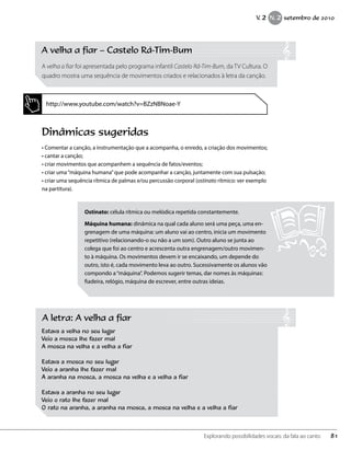 A velha a fiar – Castelo Rá-Tim-Bum
A velha a fiar foi apresentada pelo programa infantil Castelo Rá-Tim-Bum, da TV Cultura. O
quadro mostra uma sequência de movimentos criados e relacionados à letra da canção.
Dinâmicas sugeridas
• Comentar a canção, a instrumentação que a acompanha, o enredo, a criação dos movimentos;
• cantar a canção;
• criar movimentos que acompanhem a sequência de fatos/eventos;
• criar uma“máquina humana”que pode acompanhar a canção, juntamente com sua pulsação;
• criar uma sequência rítmica de palmas e/ou percussão corporal (ostinato rítmico: ver exemplo
na partitura).
Ostinato: célula rítmica ou melódica repetida constantemente.
Máquina humana: dinâmica na qual cada aluno será uma peça, uma en-
grenagem de uma máquina: um aluno vai ao centro, inicia um movimento
repetitivo (relacionando-o ou não a um som). Outro aluno se junta ao
colega que foi ao centro e acrescenta outra engrenagem/outro movimen-
to à máquina. Os movimentos devem ir se encaixando, um depende do
outro, isto é, cada movimento leva ao outro. Sucessivamente os alunos vão
compondo a“máquina”. Podemos sugerir temas, dar nomes às máquinas:
fiadeira, relógio, máquina de escrever, entre outras ideias.
A letra: A velha a fiar
Estava a velha no seu lugar
Veio a mosca lhe fazer mal
A mosca na velha e a velha a fiar
Estava a mosca no seu lugar
Veio a aranha lhe fazer mal
A aranha na mosca, a mosca na velha e a velha a fiar
Estava a aranha no seu lugar
Veio o rato lhe fazer mal
O rato na aranha, a aranha na mosca, a mosca na velha e a velha a fiar
http://www.youtube.com/watch?v=BZzNBNoae-Y
81Explorando possibilidades vocais: da fala ao canto
V. 2 N. 2 setembro de 2010
 