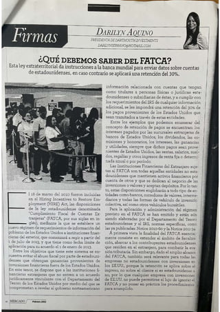 ¿Qué debemos saber del FATCA? Revista MERCADO escrito por Darilyn Aquino 