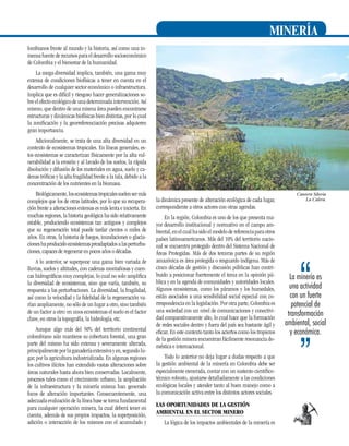 MINERÍA
lombianos frente al mundo y la historia, así como una inmensa fuente de recursos para el desarrollo socioeconómico
de Colombia y el bienestar de la humanidad.
La mega-diversidad implica, también, una gama muy
extensa de condiciones biofísicas a tener en cuenta en el
desarrollo de cualquier sector económico o infraestructura.
Implica que es difícil y riesgoso hacer generalizaciones sobre el efecto ecológico de una determinada intervención. Así
mismo, que dentro de una misma área pueden encontrarse
estructuras y dinámicas biofísicas bien distintas, por lo cual
la zonificación y la georreferenciación precisas adquieren
gran importancia.
Adicionalmente, se trata de una alta diversidad en un
contexto de ecosistemas tropicales. En líneas generales, estos ecosistemas se caracterizan físicamente por la alta vulnerabilidad a la erosión y al lavado de los suelos, la rápida
disolución y difusión de los materiales en agua, suelo y cadenas tróficas y la alta fragilidad frente a la tala, debido a la
concentración de los nutrientes en la biomasa.
Biológicamente, los ecosistemas tropicales suelen ser más
complejos que los de otras latitudes, por lo que su recuperación frente a alteraciones extensas es más lenta e incierta. En
muchas regiones, la historia geológica ha sido relativamente
estable, produciendo ecosistemas tan antiguos y complejos
que su regeneración total puede tardar cientos o miles de
años. En otras, la historia de fuegos, inundaciones o glaciaciones ha producido ecosistemas preadaptados a las perturbaciones, capaces de regenerar en pocos años o décadas.
A lo anterior, se superpone una gama bien variada de
lluvias, suelos y altitudes, con cadenas montañosas y cuencas hidrográficas muy complejas, lo cual no solo amplifica
la diversidad de ecosistemas, sino que varía, también, su
respuesta a las perturbaciones. La diversidad, la fragilidad,
así como la velocidad y la fidelidad de la regeneración varían ampliamente, no sólo de un lugar a otro, sino también
de un factor a otro: en unos ecosistemas el suelo es el factor
clave, en otros la topografía, la hidrología, etc.
Aunque algo más del 50% del territorio continental
colombiano aún mantiene su cobertura forestal, una gran
parte del mismo ha sido extensa y severamente alterada,
principalmente por la ganadería extensiva y en, segundo lugar, por la agricultura industrializada. En algunas regiones
los cultivos ilícitos han extendido vastas alteraciones sobre
áreas naturales hasta ahora bien conservadas. Localmente,
procesos tales como el crecimiento urbano, la ampliación
de la infraestructura y la minería misma han generado
focos de alteración importantes. Consecuentemente, una
adecuada evaluación de la línea base se torna fundamental
para cualquier operación minera, la cual deberá tener en
cuenta, además de sus propios impactos, la superposición,
adición o interacción de los mismos con el acumulado y

la dinámica presente de alteración ecológica de cada lugar,
correspondiente a otros actores con otras agendas.
En la región, Colombia es uno de los que presenta mayor desarrollo institucional y normativo en el campo ambiental, en el cual ha sido el modelo de referencia para otros
países latinoamericanos. Más del 10% del territorio nacional se encuentra protegido dentro del Sistema Nacional de
Áreas Protegidas. Más de dos terceras partes de su región
amazónica es área protegida o resguardo indígena. Más de
cinco décadas de gestión y discusión públicas han contribuido a posicionar fuertemente el tema en la opinión pública y en la agenda de comunidades y autoridades locales.
Algunos ecosistemas, como los páramos y los humedales,
están asociados a una sensibilidad social especial con correspondencia en la legislación. Por otra parte, Colombia es
una sociedad con un nivel de comunicaciones y conectividad comparativamente alto, lo cual hace que la formación
de redes sociales dentro y fuera del país sea bastante ágil y
eficaz. En este contexto tanto los aciertos como los tropiezos
de la gestión minera encuentran fácilmente resonancia doméstica e internacional.

Cantera Siberia
La Calera.

La minería es
una actividad
con un fuerte
potencial de
transformación
ambiental, social
y económica.

Todo lo anterior no deja lugar a dudas respecto a que
la gestión ambiental de la minería en Colombia debe ser
especialmente esmerada, contar con un sustento científicotécnico robusto, ajustarse detalladamente a las condiciones
ecológicas locales y atender tanto al buen manejo como a
la comunicación activa entre los distintos actores sociales.
Las oportunidades de la gestión
ambiental en el sector minero
La lógica de los impactos ambientales de la minería es

29

 