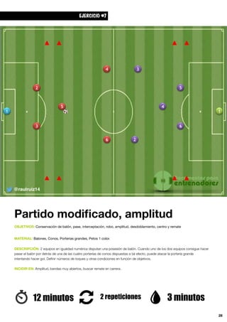 28
EJERCICIO #7
Partido modiﬁcado, amplitud
12 minutos 3 minutos2 repeticiones
OBJETIVOS: Conservación de balón, pase, interceptación, robo, amplitud, desdoblamiento, centro y remate
MATERIAL: Balones, Conos, Porterias grandes, Petos 1 color.

DESCRIPCIÓN: 2 equipos en igualdad numérica disputan una posesión de balón. Cuando uno de los dos equipos consigue hacer
pasar el balón por detrás de una de las cuatro porterías de conos dispuestas a tal efecto, puede atacar la portería grande
intentando hacer gol. Deﬁnir números de toques y otras condiciones en función de objetivos.
INCIDIR EN: Amplitud, bandas muy abiertos, buscar remate en carrera.
@raulruiz14
 