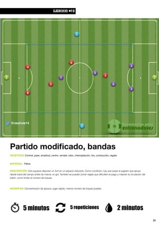 31
EJERCICIO #10
Partido modiﬁcado, bandas
5 minutos 2 minutos5 repeticiones
OBJETIVOS: Control, pase, amplitud, centro, remate, robo, interceptación, tiro, conducción, regate
MATERIAL: Petos

DESCRIPCIÓN: Dos equipos disputan un 4x4 en un espacio reducido. Como condición, hay que pasar al jugador que apoya
desde fuera del campo antes de marcar un gol. También se pueden poner reglas que diﬁculten el juego y mejoren la circulación del
balón, como limitar el número de toques.
INCIDIR EN: Concentración de apoyos, jugar rápido, menos número de toques posible.
@raulruiz14
 