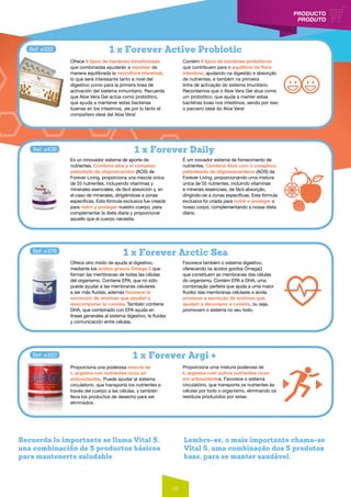 17
PRODUCTO
PRODUTO
Ofrece 6 tipos de bacterias beneficiosas
que combinadas ayudarán a repoblar de
manera equilibrada la microflora intestinal,
lo que será interesante tanto a nivel del
digestivo como para la primera línea de
activación del sistema inmunitario. Recuerda
que Aloe Vera Gel actúa como probiótico,
que ayuda a mantener estas bacterias
buenas en los intestinos, ¡es por lo tanto el
compañero ideal del Aloe Vera!
Contém 6 tipos de bactérias probióticas
que contribuem para o equilíbrio da flora
intestinal, ajudando na digestão e absorção
de nutrientes, e também na primeira
linha de activação do sistema imunitário.
Recordamos que o Aloe Vera Gel atua como
um probiótico, que ajuda a manter estas
bactérias boas nos intestinos, sendo por isso
o parceiro ideal do Aloe Vera!
1 x Forever Active Probiotic
1 x Forever Arctic Sea
Es un innovador sistema de aporte de
nutrientes. Combina aloe y el complejo
patentado de oligosácaridos (AOS) de
Forever Living, proporciona una mezcla única
de 55 nutrientes, incluyendo vitaminas y
minerales esenciales, de fácil absorción y, en
el caso de minerales, dirigiéndose a zonas
específicas. Esta fórmula exclusiva fue creada
para nutrir y proteger nuestro cuerpo, para
complementar la dieta diaria y proporcionar
aquello que el cuerpo necesita.
É um inovador sistema de fornecimento de
nutrientes. Combina Aloe com o complexo
patenteado de oligossacarídeos (AOS) da
Forever Living, proporcionando uma mistura
única de 55 nutrientes, incluindo vitaminas
e minerais essenciais, de fácil absorção,
dirigindo-se a zonas específicas. Esta fórmula
exclusiva foi criada para nutrir e proteger o
nosso corpo, complementando a nossa dieta
diária.
1 x Forever Daily
Ofrece otro modo de ayuda al digestivo,
mediante los ácidos grasos Omega 3 que
forman las membranas de todas las células
del organismo. Contiene EPA, que no sólo
puede ayudar a las membranas celulares
a ser más fluidas, además favorece la
secreción de enzimas que ayudan a
descomponer la comida. También contiene
DHA, que combinado con EPA ayuda en
líneas generales al sistema digestivo, la fluidez
y comunicación entre células.
Favorece também o sistema digestivo,
oferecendo os ácidos gordos Ómega3
que constituem as membranas das células
do organismo. Contém EPA e DHA, uma
combinação perfeita que ajuda a uma maior
fluidez das membranas celulares e ainda
promove a secreção de enzimas que
ajudam a decompor a comida, ou seja,
promovem o sistema no seu todo.
Proporciona una poderosa mezcla de
L-arginina con nutrientes ricos en
antioxidantes. Puede ayudar al sistema
circulatorio, que transporta los nutrientes a
través del cuerpo a las células, y también
lleva los productos de desecho para ser
eliminados.
Proporciona uma mistura poderosa de
L-arginina com outros nutrientes ricos
em antioxidantes. Favorece o sistema
circulatório, que transporta os nutrientes às
células por todo o organismo, eliminando os
resíduos produzidos por estas
Recuerda lo importante se llama Vital 5,
una combinación de 5 productos básicos
para mantenerte saludable
Lembre-se, o mais importante chama-se
Vital 5, uma combinação dos 5 produtos
base, para se manter saudável.
1 x Forever Argi +
Ref: #222
Ref: #439
Ref: #376
Ref: #320
 