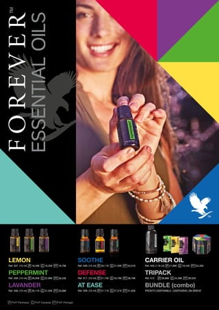 Ref. 507. (15 ml) 16,35€ 18,79€
36,79€
31,62€
52,61€
26,43€
35,69€
18,49€
LEMON
Ref. 508. (15 ml) 22,99€26,00€
PEPPERMINT
LAVANDER
Ref. 506. (15 ml) 31,05€35,11€
P.V.P. CanariasP.V.P. Península
DEFENSE
AT EASE
SOOTHE
Ref. 506. (15 ml) 31,05€35,11€
Ref. 511. (10 ml) 45,76€51,75€
Ref. 509. (10 ml) 27,51€31,11€
39,52€
22,35€
TRIPACK
BUNDLE (combo)
CARRIER OIL
Ref. 505.(118 ml) 19,44€21,99€
Ref. 512. 34,38€38,88€
PRONTO DISPONIBLE / DISPONÍVEL EM BREVE
P.V.P. Portugal
 