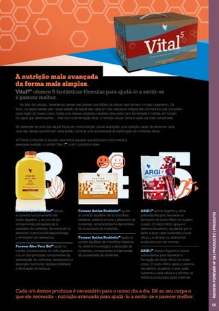 4 53
Vital5TM
oferece 5 fantásticas fórmulas para ajudá-lo a sentir-se
e parecer melhor.
A nutrição mais avançada
da forma mais simples.
Cada um destes produtos é necessário para o nosso dia a dia. Dê ao seu corpo o
que ele necessita - nutrição avançada para ajudá-lo a sentir-se e parecer melhor.
Ao falar de nutrição, deveríamos pensar nas células, nos triliões de células que formam o nosso organismo. De
facto, os responsáveis pelo nosso estado de saúde são cada um dos pequenos integrantes dos tecidos que compõem
cada orgão do nosso corpo. Cada uma dessas unidades celulares deve estar bem alimentada e nutrida, em função
do papel que desempenha… mas com a alimentação atual, a nutrição celular ótima é cada vez mais complicada.
Se pretender ter uma boa saúde foque-se numa nutrição celular avançada, uma nutrição capaz de alimentar cada
uma das células que formam cada tecido. Contrua uma autoestrada de distribuição de nutrientes eficaz.
A Forever Living tem a solução para todos aqueles que procuram uma correta e
avançada nutrição: o combo Vital 5TM
, com 5 produtos vitais:
Forever Aloe Vera GelTM
apoya
el correcto funcionamiento del
tracto digestivo, y es uno de los
componentes principales de la
autopista de nutrientes, favoreciendo la
absorción nutricional biodisponibilidad
y eliminación de deshechos.
Forever Aloe Vera GelTM
ajuda no
correto funcionamento do trato digestivo,
e é um dos principais componentes da
autoestrada de nutrientes, favorecendo a
absorção nutricional, biodisponibilidade
e eliminação de resíduos.
Forever Active ProbioticTM
ayuda
al correcto equilibrio de la microflora
intestinal, sistema inmune y absorción de
nutrientes, componentes fundamentales
de la autopista de nutrientes.
Forever Active ProbioticTM
ajuda no
correto equilíbrio da microflora intestinal,
no sistema imunológico e absorção de
nutrientes, componentes fundamentais
da autoestrada de nutrientes.
ARGI+TM
aporta Arginina y otros
antioxidantes para favorecer la
formación de óxido nítrico en nuestro
cuerpo. El óxido nítrico apoya el
sistema circulatorio, ayudando por lo
tanto a llevar cada nutrientes a cada
célula y a eliminar os deshechos
producidos por las mismas.
ARGI+TM
oferece Arginina e outros
antioxidantes para favorecer a
formação de óxido nítrico no nosso
corpo. O óxido nítrico apoia o sistema
circulatório, ajudando a levar cada
nutriente a cada célula e a eliminar os
resíduos produzidos pelas mesmas.
15
REVISTAFOREVERNº54|PRODUCTO|PRODUTO
 