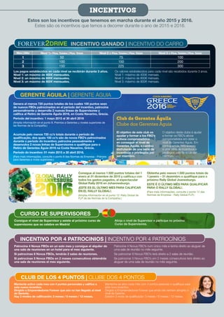 Estos son los incentivos que tenemos en marcha durante el año 2015 y 2016.
Estes são os incentivos que temos a decorrer durante o ano de 2015 e 2016.
Consigue el nivel de Supervisor y asiste al próximo curso de
supervisores que se celebre en Madrid
Atinja o nível de Supervisor e participe no próximo
Curso de Supervisores.
Mantente activo cada mes con 4 puntos personales y califica a
este nuevo incentivo.
Dirigido a Emprendedores Forever que aún no han llegado al nivel
de Gerente.
Hay 3 niveles de calificación: 3 meses / 6 meses / 12 meses.
Mantenha-se ativo cada mês com 4 pontos pessoais e qualifique para
este novo incentivo.
Dirigido a Empreendedores Forever que ainda não tenham atingido o
nível de Gerente.
Existem 3 níveis de qualificação: 3 meses / 6 meses / 12 meses.
Genera al menos 720 puntos totales de los cuales 100 puntos sean
de nuevos FBOs patrocinados en el periodo del incentivo, patrocina
personalmente y desarrolla 2 nuevas líneas de Supervisores y
califica al Retiro de Gerente Águila 2016, en Costa Navarino, Grecia.
Periodo del incentivo: 1 mayo 2015 al 30 abril 2016
(Amplia información en el punto 8. Premios a Gerentes y niveles superiores de
las Normas de la Compañía.)
Acumule pelo menos 720 cc’s totais durante o período de
qualificação, dos quais 100 cc’s são de novos FBO’s patrocinados
durante o período do incentivo; patrocine pessoalmente e
desenvolva 2 novas linhas de Supervisores e qualifique para o
Retiro de Gerentes Águia 2016 na Costa Navarino, Grécia.
Período do incentivo: 01 maio 2015 a 30 abril 2016.
(Para mais informações, consulte o ponto 8 das Normas da Empresa - Prémios
para Gerentes e níveis superiores.)
Consigue al menos 1.500 puntos totales del 1
enero al 31 diciembre de 2015 y califica,v con
todos los gastos pagados, al espectacular
Global Rally 2016 en Johannesburgo.
¡ESTE ES EL ÚLTIMO MES PARA CALIFICAR
EN EL RALLY GLOBAL!.
(Amplia información en el punto 12. Rally Global de
FLP de las Normas de la Compañía.)
Obtenha pelo menos 1.500 pontos totais de
1 janeiro – 31 dezembro e qualifique para o
próximo Rally Global Joanesburgo.
ESTE É O ÚLTIMO MÊS PARA QUALIFICAR
PARA O RALLY GLOBAL!.
(Para mais informações, consulte o ponto 12 das
Normas da Empresa - Rally Global FLP.)
Patrocina 4 Novus FBOs en un solo mes y consigue el alquiler de
una sala de reuniones en un hotel para el mes siguiente.
Si patrocinas 8 Novus FBOs, tendrás 2 salas de reuniones.
Si patrocinas 5 Novus FBOs en 2 meses consecutivos obtendrás
una sala de reuniones el mes siguiente.
Patrocine 4 Novus FBO’s num único mês e tenha direito ao aluguer de
uma sala de reunião no mês seguinte.
Se patrocinar 8 Novus FBO’s terá direito a 2 salas de reunião.
Se patrocinar 5 Novus FBO’s em 2 meses consecutivos terá direito ao
aluguer de uma sala de reunião no mês seguinte.
Los pagos establecidos en cada nivel se recibirán durante 3 años.
Nivel 1: un máximo de 400€ mensuales.
Nivel 2: un máximo de 600€ mensuales.
Nivel 3: un máximo de 800€ mensuales.
Os valores estabelecidos para cada nível são recebidos durante 3 anos.
Nível 1: máximo de 400€ mensais.
Nível 2: máximo de 600€ mensais.
Nível 3: máximo de 800€ mensais.
Mes | Mês Nivel 1> Ptos. Totales | Ptos. Totais Nivel 2 > Ptos. Totales | Ptos. Totais Nivel 3 > Ptos. Totales | Ptos. Totais
1 50 75 100
2 100 150 200
3 150 225 300
Club de Gerentes Águila
Clube dos Gerentes Águia
El objetivo de este club es
ayudar y formar a los FBO’s
activos comprometidos
en conseguir el nivel de
Gerentes Aguila, a cambio
disfrutarán de una serie de
incentivos o privilegios por
ser miembro.
O objetivo deste clube é ajudar
e formar os FBO’s ativos
comprometidos em obter o
nível de Gerentes Águia. Em
contrapartida, terá acesso
a uma série de incentivos e
privilégios pelo facto de ser
membro.
INCENTIVO GANADO | INCENTIVO DO CARRO
INCENTIVOS
GERENTE ÁGUILA | GERENTE ÁGUIA
CLUB DE LOS 4 PUNTOS | CLUBE DOS 4 PONTOS
INCENTIVO POR 4 PATROCINIOS | INCENTIVO POR 4 PATROCÍNIOS
CURSO DE SUPERVISORES
 