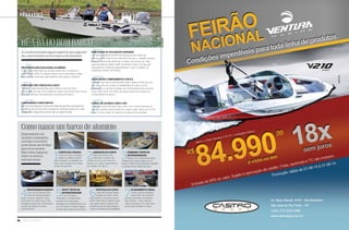 82 Náutica SudeSte
divulgação
ALevefortenumeraalgunsaspectosque,segundo
ela, caracterizam os bons barcos de alumínio
F
E
D
C
B
ANão basta ser QuaLQuer aLumíNio
A liga de alumínio deve ser do tipo naval e ter, no mínimo, a
especificação 5052. As chapas devem ser as mais fortes e leves
possíveis, de modo que haja equilíbrio entre peso e robustez.
É Preciso ter ViNcos No casco
Vincar a chapa de alumínio gera reforço e ela fica mais
estruturada do que uma chapa lisa. Quem economiza nos vincos
terá que reforçar internamente a estrutura do barco.
a esPessura coNta muito
Não há uma espessura mínima da chapa de alumínio que garanta a
excelência de um bom barco, porque isso varia de acordo com cada
projeto. Mas chapas finas demais são um péssimo sinal.
levefort
rebitados ou soLdados? dePeNde
Um barco rebitado aceita uma espessura de chapa de
alumínio 20% mais fina (e mais leve) do que o soldado, porque,
como a solda pode deformar a chapa, ela precisa ser mais
espessa. Mas as soldas estão evoluindo muito e as que são
aplicadas em ambientes gaseificados, como o argônio, já
produzem ótimos resultados.
ProPorção comPrimeNto X boca
Também nos barcos de alumínio vale a regra do três por um.
Ou seja, a fim de manter a estabilidade do casco, a boa
proporção é a de três medidas do comprimento para uma da
boca. Algo como um metro de largura para três metros de
comprimento do barco.
FuNdo de acordo com o uso
O tipo de fundo do barco tem a ver com o local onde ele irá
navegar. Quanto mais revolta for a água, maior deve ser o V do
casco. Fundo chato, só mesmo em águas bem paradas.
Dependendo do
modelo e tamanho,
um barco Levefort
pode levar até 15 dias
para ficar pronto.
Mas todos seguem,
mais ou menos,
este processo
Como nasce um barco de alumínio
2
armação do casco
Algumas partes são
dobradas e todas são
unidas entre si, por meio de
rebites ou soldas, dependendo
do modelo de barco.
1
corte das chaPas
Fundo do casco, costados,
deques e todas as partes
que compõem o esqueleto do
barco são cortados em chapas
planas de alumínio.
3
Primeiro teste de
estaNQueidade
Apenas com a estrutura do barco
montada, ele vai para a água, em um
tanque na fábrica. Para aumentar a pressão,
funcionários ficam dentro do barco.
4
moNtagem do barco
Caso tenha passado pelo
teste de estanqueidade, o
barco começa a ganhar corpo.
Estruturam-se popa, proa, e são
instalados tanque de combustível,
suporte de bateria e outros
equipamentos.
5
NoVo teste de
estaNQueidade
Como durante a
montagem, a embarcação
precisou ser furada para
instalação de equipamentos, faz-
se novo teste no tanque d’água.
Se aprovada, segue para pintura.
7
acabameNto FiNaL
O barco ganha estofados,
porta-varas, piso, painel e
demais acessórios escolhidos
pelo cliente — como capota e
cadeira giratória. Só então está
pronto para receber o motor.
6
PiNtura do casco
Cada barco recebe quatro
demãos de tinta e, entre
cada demão, é colocado numa
estufa. Antes disso, é lixado, lavado
com sabão neutro e ganha uma
camada de primer, que protege a
chapa e aumenta sua durabilidade.
Be-a-BáDoBomBarCo
 