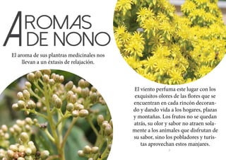 6 7
El viento perfuma este lugar con los
exquisitos olores de las flores que se
encuentran en cada rincón decoran-
do y dando vida a los hogares, plazas
y montañas. Los frutos no se quedan
atrás, su olor y sabor no atraen sola-
mente a los animales que disfrutan de
su sabor, sino los pobladores y turis-
tas aprovechan estos manjares.
AROMAS 	
		 DE NONo
El aroma de sus plantras medicinales nos
llevan a un éxtasis de relajación.
 