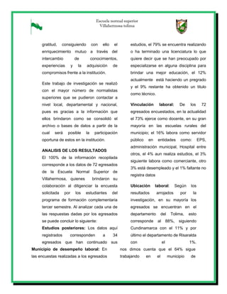 Escuela normal superior
Villahermosa tolima
gratitud, consiguiendo con ello el
enriquecimiento mutuo a través del
intercambio de conocimientos,
experiencias y la adquisición de
compromisos frente a la institución.
Este trabajo de investigación se realizó
con el mayor número de normalistas
superiores que se pudieron contactar a
nivel local, departamental y nacional,
pues es gracias a la información que
ellos brindaron como se consolidó el
archivo o bases de datos a partir de la
cual será posible la participación
oportuna de estos en la institución.
ANALISIS DE LOS RESULTADOS
El 100% de la información recopilada
corresponde a los datos de 72 egresados
de la Escuela Normal Superior de
Villahermosa, quienes brindaron su
colaboración al diligenciar la encuesta
solicitada por los estudiantes del
programa de formación complementaria
tercer semestre. Al analizar cada una de
las respuestas dadas por los egresados
se puede concluir lo siguiente:
Estudios posteriores: Los datos aquí
registrados corresponden a 34
egresados que han continuado sus
estudios, el 79% se encuentra realizando
o ha terminado una licenciatura lo que
quiere decir que se han preocupado por
especializarse en alguna disciplina para
brindar una mejor educación, el 12%
actualmente está haciendo un pregrado
y el 9% restante ha obtenido un titulo
como técnico.
Vinculación laboral: De los 72
egresados encuestados, en la actualidad
el 73% ejerce como docente, en su gran
mayoría en las escuelas rurales del
municipio; el 16% labora como servidor
público en entidades como: EPS,
administración municipal, Hospital entre
otros, el 4% aun realiza estudios, el 3%
siguiente labora como comerciante, otro
3% está desempleado y el 1% faltante no
registra datos
Ubicación laboral: Según los
resultados arrojados por la
investigación, en su mayoría los
egresados se encuentran en el
departamento del Tolima, esto
corresponde al 88%, siguiendo
Cundinamarca con el 11% y por
último el departamento de Risaralda
con el 1%.
Municipio de desempeño laboral: En
las encuestas realizadas a los egresados
nos dimos cuenta que el 64% sigue
trabajando en el municipio de
 