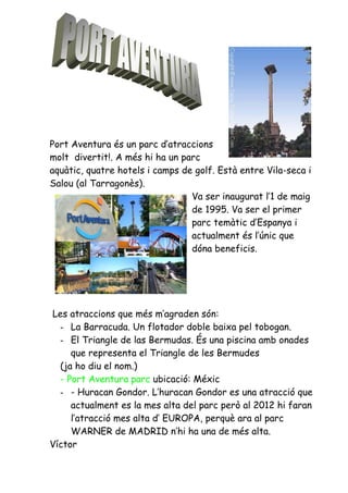 Port Aventura és un parc d’atraccions
molt divertit!. A més hi ha un parc
aquàtic, quatre hotels i camps de golf. Està entre Vila-seca i
Salou (al Tarragonès).
                                 Va ser inaugurat l’1 de maig
                                 de 1995. Va ser el primer
                                 parc temàtic d’Espanya i
                                 actualment és l’únic que
                                 dóna beneficis.




Les atraccions que més m’agraden són:
  - La Barracuda. Un flotador doble baixa pel tobogan.
  - El Triangle de las Bermudas. És una piscina amb onades
     que representa el Triangle de les Bermudes
  (ja ho diu el nom.)
  - Port Aventura parc ubicació: Méxic
  - - Huracan Gondor. L’huracan Gondor es una atracció que
     actualment es la mes alta del parc però al 2012 hi faran
     l’atracció mes alta d’ EUROPA, perquè ara al parc
     WARNER de MADRID n’hi ha una de més alta.
Víctor
 