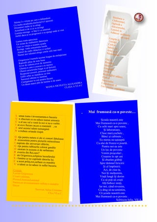 Stiinta-I o virtute pe care-o dobandesti
Cu multa straduinta,intelectul ti-l sporesti
Orizonturi inalte ai sa atingi
Asimiland zi de zi ai sa invingi
Lumina-ntreaga –n fata ti s-a asternut
Astfel daca-ai sa progresezi o sa ajungi unde ai vrut
Lumea toata-apreciaza
Un noian de multumire datoreaza
Caci cu vitejie-a noastra scoala
Invinge toata concurenta locala
Alaturi de cadre didactice si scolari
Numai aici talentul atinge cotele cele mai mari
Grigorescu-I numele-acestui leagan de-ntelepciune
Rapsodii pline de note bune
Izvor de cultura,izvor de nemurire
Glastra-n care a crescut a ta menire
Olarul caracterului bogat si-al fericirii
Respectul cuvenit, prinosul multumirii
Edilii urbei se mandresc cu tine
Succesul obtinut te mentine
Castigatoare tu esti pentru fiecare
Un drum maret plin de lumina si de soare.
MANEA NICOLETA ALEXANDRA
CLASA A VI-A C
Mai frumoasă ca-n poveste…
Şcoala noastră este
Mai frumoasă ca-n poveste ,
Cu ochi mari spre soare,
Şi laboratoare,
Clase mari,cochete ,
Bănci şi cabinete ,
Ea mereu ne-aşteaptă
Cu alai de frunze-n poartă.
Pentru noi ea este
Un loc de poveste:
Venim preşcolari ,
Creştem în opt ani
Şi zburăm grăbiţi
Spre tărâmul fericirii
Şi al împlinirii.
Azi, de ziua ta,
Noi îţi mulţumim,
Viaţă lungă îţi dorim
Ca să poţi să creşti
Alţi boboci isteţi,
Iar noi, când revenim,
Cu drag să ne-amintim,
Că şcoala noastră este
Mai frumoasă ca-n poveste .
Scîrtocea Iulia, VII A
Simfonie aChibzuinţei,Oglindă a
Altruismului,Lumină în
Adâncul sufletului
de copil.Leagăn alUnităţii,
Cuib al
Iubirii, al
Artei şi alNăzuinţelor.
Gaj al
Reuşitei,
Ideal al
Gingăşiei,
Oază a
Reflecţiilor adânci,Elan al
Succesului.Caleidoscop alUniversului copilăriei.
L umea toata-i invesmantata-n bucurie
U n zbucium ce ne-aduce numai armonieC u al sau val a venit la noi si ne-a vorbit:I ar,ca-n fiecare an,ne-a reamintit , caA urul acestui talent nemarginit
N u trebuie oriunde risipit.
G rija pentru natura si ale ei comori fabuloaseR ecunostinta pentru picturile miraculoaseI nspirate din universuri diferite,
G rija pentru tablourile colorat gandite
O onoram in aceasta zi de sarbatoare
R evenita din Rai,oare?
E ste Grigorescu,sclipirea luceafarului
S i lumina ce ne cuprinde datorita lui.
C u acest prilej,noi,serbam cu mandrieU n talent ce ne-aduce in suflet bucurie.
Cvintet:
Lucian Grigorescu
Creativ,talentat,
Pictand,ilustrand,aratand
Natura,ne invesmanteaza sufletu-n mandrieSincer.
Sucevan Adina Cristiana
Cls.a VI-a C
 