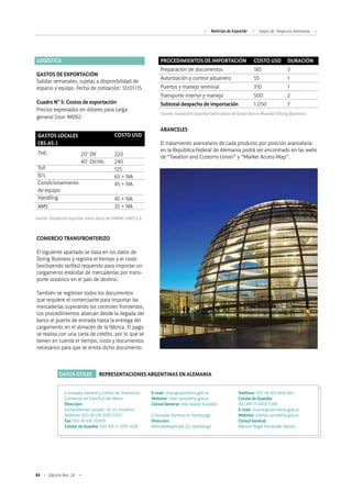 84 Edición Nro. 24
COMERCIO TRANSFRONTERIZO
El siguiente apartado se basa en los datos de
Doing Business y registra el tiempo y el costo
(excluyendo tarifas) requerido para importar un
cargamento estándar de mercaderías por trans-
porte oceánico en el país de destino.
También se registran todos los documentos
que requiere el comerciante para importar las
mercaderías superando los controles fronterizos.
Los procedimientos abarcan desde la llegada del
barco al puerto de entrada hasta la entrega del
cargamento en el almacén de la fábrica. El pago
se realiza con una carta de crédito, por lo que se
tienen en cuenta el tiempo, costo y documentos
necesarios para que se emita dicho documento.
Cuadro N° 5: Costos de exportación
Precios expresados en dólares para carga
general (non IMDG)
LOGÍSTICA
GASTOS DE EXPORTACIÓN
Salidas semanales, sujetas a disponibilidad de
espacio y equipo. Fecha de cotización: 12/01/15
Fuente: Fundación Exportar sobre datos de VINPAC LINES S.A.
GASTOS LOCALES
(BS.AS.)
THC
Toll
B/L
Condicionamiento
de equipo
Handling
AMS
20’ DV
40’ DV/Hc
COSTO USD
220
240
125
65 + IVA
45 + IVA
45 + IVA
35 + IVA
Fuente: Fundación Exportar sobre datos de Grupo Banco Mundial (Doing Business).
ARANCELES
El tratamiento arancelario de cada producto por posición arancelaria
en la República Federal de Alemania podrá ser encontrado en las webs
de “Taxation and Customs Union” y “Market Access Map”.
PROCEDIMIENTOS DE IMPORTACIÓN
Preparación de documentos
Autorización y control aduanero
Puertos y manejo terminal
Transporte interior y manejo
Subtotal despacho de importación
COSTO USD
185
55
310
500
1.050
DURACIÓN
3
1
1
2
7
DATOS ÚTILES REPRESENTACIONES ARGENTINAS EN ALEMANIA
Consulado General y Centro de Promoción
Comercial en Francfort del Meno
Dirección:
Eschersheimer Landstr. 19-21, Frankfurt
Teléfono: (00 49 69) 9720 0310
Fax: (00 49 69) 175419
Celular de Guardia: (00 49) 17 2991 4239
E-mail: cfran@cancilleria.gob.ar
Website: cfran.cancilleria.gov.ar
Cónsul General: Inés Suarez Guozden
Consulado General en Hamburgo
Dirección:
Mönckebergstraße 22, Hamburgo
Teléfono: (00 49 40) 4418 460
Celular de Guardia:
(00 49) 17 2400 5388
E-mail: chamb@cancilleria.gob.ar
Website: chamb.cancilleria.gov.ar
Cónsul General:
Manuel Ángel Fernández Salorio
Noticias de ExportAr Viajes de Negocios Alemania
 