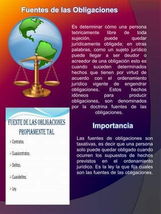 Fuentes de las Obligaciones
Es determinar cómo una persona
teóricamente libre de toda
sujeción, puede quedar
jurídicamente obligada; en otras
palabras, como un sujeto jurídico
puede llegar a ser deudor o
acreedor de una obligación esto es
cuando suceden determinados
hechos que tienen por virtud de
acuerdo con el ordenamiento
jurídico vigente de engendrar
obligaciones. Estos hechos
idóneos para producir
obligaciones, son denominados
por la doctrina fuentes de las
obligaciones.
Las fuentes de obligaciones son
taxativas, es decir que una persona
solo puede quedar obligado cuando
ocurren los supuestos de hechos
previstos en el ordenamiento
jurídico. Es la ley la que fija cuales
son las fuentes de las obligaciones.
Importancia
 