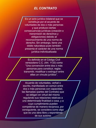 EL CONTRATO
Es un acto jurídico bilateral que se
constituye por el acuerdo de
voluntades de dos o más personas
y que produce ciertas
consecuencias jurídicas (creación o
transmisión de derechos y
obligaciones) debido al
reconocimiento de una norma de
derecho. Sin embargo, tiene una
doble naturaleza pues también
presenta el carácter de una norma
jurídica individualizada
Es definido en el Código Civil
venezolano C.C. (Art. 1133) como
“Una convención entre dos o más
personas para constituir, reglar,
transmitir, modificar o extinguir entre
ellas un vínculo jurídico”.
Acuerdo de voluntades, verbal o
escrito, manifestado en común entre
dos o más personas con capacidad,
las llamadas (partes del Contrato) que
se obligan en virtud del mismo
regulando sus relaciones relativas a
una determinada finalidad o cosa, y a
cuyo cumplimiento pueden
compelerse de manera recíproca, por
consiguiente, se considera como algo
que es una obra libre y espontánea
de sus autores
 