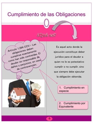 Cumplimiento de las Obligaciones
Es aquel acto donde la
ejecución constituye deber
jurídico para el deudor a
quien no le es potestativo
cumplir o no cumplir, sino
que siempre debe ejecutar
la obligación obtenida.
1. Cumplimiento en
especie
2. Cumplimiento por
Equivalente
6
 