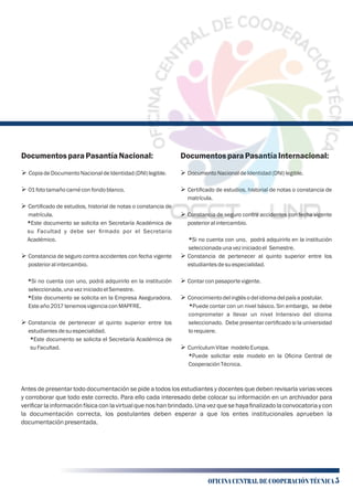 Documentos paraPasantíaNacional:
Ø CopiadeDocumentoNacionaldeIdentidad(DNI)legible.
Ø 01fototamañocarnéconfondoblanco.
Ø Certiﬁcado de estudios, historial de notas o constancia de
matrícula.
*Este documento se solicita en Secretaría Académica de
su Facultad y debe ser ﬁrmado por el Secretario
Académico.
Ø Constancia de seguro contra accidentes con fecha vigente
posterioralintercambio.
*Si no cuenta con uno, podrá adquirirlo en la institución
seleccionada,unaveziniciadoelSemestre.
*Este documento se solicita en la Empresa Aseguradora.
Esteaño2017tenemosvigenciaconMAPFRE.
Ø Constancia de pertenecer al quinto superior entre los
estudiantesdesuespecialidad.
*Este documento se solicita el Secretaría Académica de
suFacultad.
Documentos paraPasantíaInternacional:
Ø DocumentoNacionaldeIdentidad(DNI)legible.
Ø Certiﬁcado de estudios, historial de notas o constancia de
matrícula.
Ø Constancia de seguro contra accidentes con fecha vigente
posterioralintercambio.
*Si no cuenta con uno, podrá adquirirlo en la institución
seleccionadaunaveziniciadoel Semestre.
Ø Constancia de pertenecer al quinto superior entre los
estudiantesdesuespecialidad.
Ø Contarconpasaportevigente.
Ø Conocimientodelinglésodelidiomadelpaísapostular.
*Puede contar con un nivel básico. Sin embargo, se debe
comprometer a llevar un nivel Intensivo del idioma
seleccionado. Debe presentar certiﬁcado si la universidad
lorequiere.
Ø CurrículumVitae modeloEuropa.
*Puede solicitar este modelo en la Oﬁcina Central de
CooperaciónTécnica.
Antes de presentar todo documentación se pide a todos los estudiantes y docentes que deben revisarla varias veces
y corroborar que todo este correcto. Para ello cada interesado debe colocar su información en un archivador para
veriﬁcarla informaciónfísica con la virtual que nos han brindado.Una vez que se haya ﬁnalizadola convocatoria y con
la documentación correcta, los postulantes deben esperar a que los entes institucionales aprueben la
documentaciónpresentada.
OFICINA CENTRAL DE COOPERACIÓN TÉCNICA 5
 