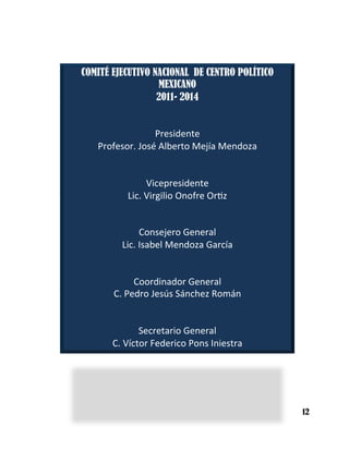 COMITÉ EJECUTIVO NACIONAL DE CENTRO POLÍTICO
MEXICANO
2011- 2014
	
  	
  
	
  
Presidente	
  
Profesor.	
  José	
  Alberto	
  Mejía	
  Mendoza	
  
	
  
	
  
Vicepresidente	
  
Lic.	
  Virgilio	
  Onofre	
  Or5z	
  
	
  
	
  
Consejero	
  General	
  
Lic.	
  Isabel	
  Mendoza	
  García	
  
	
  	
  
	
  
Coordinador	
  General	
  
C.	
  Pedro	
  Jesús	
  Sánchez	
  Román	
  
	
  	
  
	
  
Secretario	
  General	
  
C.	
  Víctor	
  Federico	
  Pons	
  Iniestra	
  
12
 