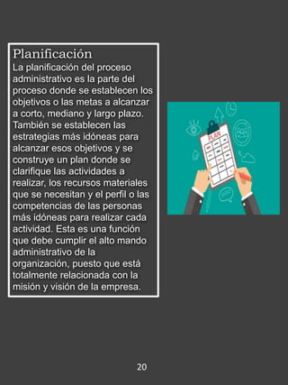 Planificación
La planificación del proceso
administrativo es la parte del
proceso donde se establecen los
objetivos o las metas a alcanzar
a corto, mediano y largo plazo.
También se establecen las
estrategias más idóneas para
alcanzar esos objetivos y se
construye un plan donde se
clarifique las actividades a
realizar, los recursos materiales
que se necesitan y el perfil o las
competencias de las personas
más idóneas para realizar cada
actividad. Esta es una función
que debe cumplir el alto mando
administrativo de la
organización, puesto que está
totalmente relacionada con la
misión y visión de la empresa.
20
 