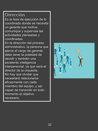 Dirección
Es la fase de ejecución de lo
coordinado donde se necesita
un gerente que motive,
comunique y supervise las
actividades planeadas y
coordinadas.
En la dirección del proceso
administrativo, la persona que
ejerce el cargo de gerente
debe tener la potestad de
decidir y también una
excelente inteligencia
interpersonal, ya que será el
director de la orquesta.
No hay que olvidar que
necesitará relacionarse
eficazmente con cada
miembro del equipo, y ser
capaz de transmitir en todo
momento el objetivo
necesario.
22
 