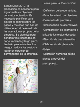 Según Diaz (2010) la
planeación es necesaria para
lograr metas u objetivos
concretos obtenidos. Es
necesario planificar para
ejercer el control sobre los
pasos y recursos que han de
utilizarse en el desarrollo de
las operaciones propias de la
empresa. Se planifica para
ponderar los resultados en
corto, mediado y largo plazo,
también para minimizar los
riesgos, reducir los costos y
lograr un carácter de
permanencia de la empresa.
Pasos para la Planeación:
-Definición de la oportunidad.
-Establecimiento de objetivos
-Desarrollo de premisas.
-Identificación de alternativas.
-Comparación de alternativa a
la luz de las metas deseada.
-Elección de una alternativa.
-Elaboración de planes de
apoyo.
-Expresión numérica de los
planes a través del
presupuesto.
09
 