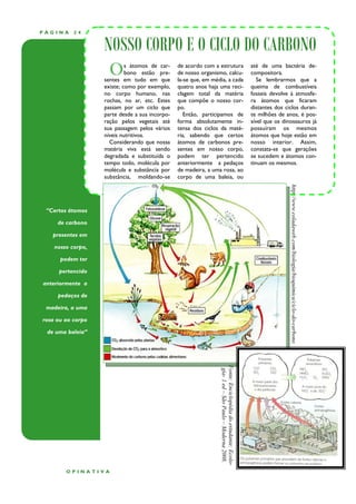 PÁGINA     24


                   NOSSO CORPO E O CICLO DO CARBONO
                    O       s átomos de car-
                            bono estão pre-
                   sentes em tudo em que
                                                de acordo com a estrutura
                                                de nosso organismo, calcu-
                                                la-se que, em média, a cada
                                                                                                            até de uma bactéria de-
                                                                                                            compositora.
                                                                                                               Se lembrarmos que a
                   existe; como por exemplo,    quatro anos haja uma reci-                                  queima de combustíveis
                   no corpo humano, nas         clagem total da matéria                                     fosseis devolve à atmosfe-
                   rochas, no ar, etc. Estes    que compõe o nosso cor-                                     ra átomos que ficaram
                   passam por um ciclo que      po.                                                         distantes dos ciclos duran-
                   parte desde a sua incorpo-      Então, participamos de                                   te milhões de anos, é pos-
                   ração pelos vegetais até     forma absolutamente in-                                     sível que os dinossauros já
                   sua passagem pelos vários    tensa dos ciclos da maté-                                   possuíram os mesmos
                   níveis nutritivos.           ria, sabendo que certos                                     átomos que hoje estão em
                     Considerando que nossa     átomos de carbonos pre-                                     nosso interior. Assim,
                   matéria viva está sendo      sentes em nosso corpo,                                      constata-se que gerações
                   degradada e substituída o    podem ter pertencido                                        se sucedem e átomos con-
                   tempo todo, molécula por     anteriormente a pedaços                                     tinuam os mesmos.
                   molécula e substância por    de madeira, a uma rosa, ao
                   substância, moldando-se      corpo de uma baleia, ou




                                                                                                                            http://www.coladaweb.com/biologia/bioquimica/ciclo-do-carbono
 “Certos átomos

     de carbono

   presentes em

    nosso corpo,

      podem ter

     pertencido

anteriormente a

     pedaços de

 madeira, a uma

rosa ou ao corpo

 de uma baleia”
                                                                 Fonte: Enciclopédia do estudante: Ecolo-
                                                                  gia- 1 ed – São Paulo – Moderna 2008.




        OPINATIVA
 