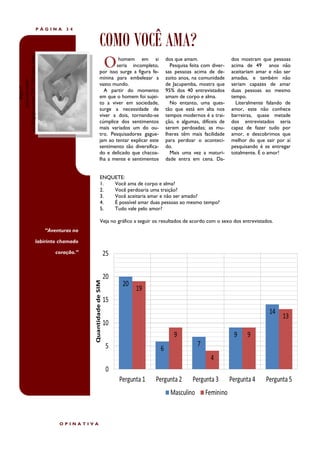 PÁGINA      34


                                                     COMO VOCÊ AMA?
                                                      O
ni.blogspot.com/2011/06/amor.html



                                                              homem em si          dos que amam.                 dos mostram que pessoas
                                                             seria incompleto,       Pesquisa feita com diver-   acima de 49 anos não
                                                     por isso surge a figura fe-   sas pessoas acima de de-      aceitariam amar e não ser
                                                     minina para embelezar a       zoito anos, na comunidade     amadas, e também não
           janicetrombi-




                                                     vasto mundo.                  de Jacupemba, mostra que      seriam capazes de amar
               http://




                                                       A partir do momento         95% dos 40 entrevistados      duas pessoas ao mesmo
                                                     em que o homem foi sujei-     amam de corpo e alma.         tempo.
                                                     to a viver em sociedade,        No entanto, uma ques-         Literalmente falando de
                                                     surge a necessidade de        tão que está em alta nos      amor, este não conhece
                                                     viver a dois, tornando-se     tempos modernos é a trai-     barreiras, quase metade
                                                     cúmplice dos sentimentos      ção, e algumas, difíceis de   dos entrevistados seria
                                                     mais variados um do ou-       serem perdoadas; as mu-       capaz de fazer tudo por
                                                     tro. Pesquisadores gague-     lheres têm mais facilidade    amor, e descobrimos que
                                                     jam ao tentar explicar este   para perdoar o aconteci-      melhor do que sair por aí
                                                     sentimento tão diversifica-   do.                           pesquisando é se entregar
                                                     do e delicado que chacoa-       Mais uma vez a maturi-      totalmente. É o amor!
                                                     lha a mente e sentimentos     dade entra em cena. Da-


                                                     ENQUETE:
                                                     1.  Você ama de corpo e alma?
                                                     2.  Você perdoaria uma traição?
                                                     3.  Você aceitaria amar e não ser amado?
                                                     4.  É possível amar duas pessoas ao mesmo tempo?
                                                     5.  Tudo vale pelo amor?

                                                     Veja no gráfico a seguir os resultados de acordo com o sexo dos entrevistados.
                                    “Aventuras no

                               labirinto chamado

                                        coração.”




                                         OPINATIVA
 