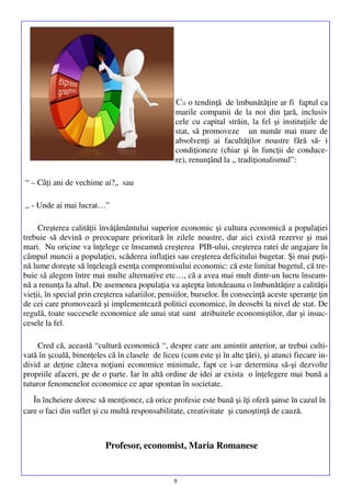 Ca o tendinţă de îmbunătăţire ar fi faptul ca
marile companii de la noi din ţară, inclusiv
cele cu capital străin, la fel şi instituţiile de
stat, să promoveze un număr mai mare de
absolvenţi ai facultăţilor noastre fără să- i
condiţioneze (chiar şi în funcţii de conducere), renunţând la ,, tradiţionalismul”:
“ – Câţi ani de vechime ai?„ sau
,, - Unde ai mai lucrat…”
Creşterea calităţii învăţământului superior economic şi cultura economică a populaţiei
trebuie să devină o preocupare prioritară în zilele noastre, dar aici există rezerve şi mai
mari. Nu oricine va înţelege ce înseamnă creşterea PIB-ului, creşterea ratei de angajare în
câmpul muncii a populaţiei, scăderea inflaţiei sau creşterea deficitului bugetar. Şi mai puţină lume doreşte să înţeleagă esenţa compromisului economic: că este limitat bugetul, că trebuie să alegem între mai multe alternative etc…, că a avea mai mult dintr-un lucru înseamnă a renunţa la altul. De asemenea populaţia va aştepta întotdeauna o îmbunătăţire a calităţii
vieţii, în special prin creşterea salariilor, pensiilor, burselor. În consecinţă aceste speranţe ţin
de cei care promovează şi implementează politici economice, în deosebi la nivel de stat. De
regulă, toate succesele economice ale unui stat sunt atribuitele economiştilor, dar şi insuccesele la fel.
Cred că, această “cultură economică “, despre care am amintit anterior, ar trebui cultivată în şcoală, binenţeles că în clasele de liceu (cum este şi în alte ţări), şi atunci fiecare individ ar deţine câteva noţiuni economice minimale, fapt ce i-ar determina să-şi dezvolte
propriile afaceri, pe de o parte. Iar în altă ordine de idei ar exista o înţelegere mai bună a
tuturor fenomenelor economice ce apar spontan în societate.
În încheiere doresc să menţionez, că orice profesie este bună şi îţi oferă şanse în cazul în
care o faci din suflet şi cu multă responsabilitate, creativitate şi cunoştinţă de cauză.

Profesor, economist, Maria Romanese

9

 
