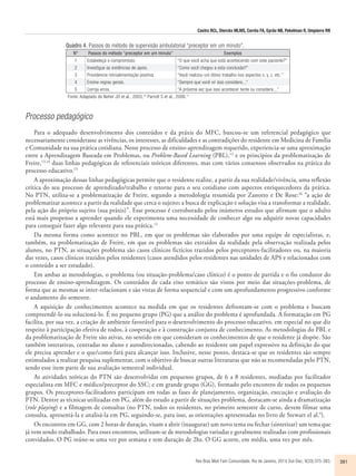 Castro RCL, Diercks MLMS, Corrêa FA, Gyrão NB, Pekelman R, Umpierre RN 
Quadro 4. Passos do método de supervisão ambulatorial “preceptor em um minuto”. 
N° Passos do método “preceptor em um minuto” Exemplos 
1 Estabeleça o compromisso. “O que você acha que está acontecendo com este paciente?” 
2 Investigue as evidências de apoio. “Como você chegou a esta conclusão?” 
3 Providencie retroalimentação positiva. “Você realizou um ótimo trabalho nos aspectos x, y, z, etc.” 
4 Ensine regras gerais. “Sempre que você vir isso considere...” 
5 Corrija erros. “A próxima vez que isso acontecer tente ou considere...” 
Rev Bras Med Fam Comunidade. Rio de Janeiro, 2014 Out-Dec; 9(33):375-383. 381 
Fonte: Adaptado de Neher JO et al., 2003,10 Parrott S et al., 2006.11 
Processo pedagógico 
Para o adequado desenvolvimento dos conteúdos e da práxis do MFC, buscou-se um referencial pedagógico que 
necessariamente considerasse as vivências, os interesses, as dificuldades e as contradições do residente em Medicina de Família 
e Comunidade na sua prática cotidiana. Nesse processo de ensino-aprendizagem requerido, experiencia-se uma aproximação 
entre a Aprendizagem Baseada em Problemas, ou Problem-Based Learning (PBL),12 e os princípios da problematização de 
Freire,13,14 duas linhas pedagógicas de referenciais teóricos diferentes, mas com vários consensos observados na prática do 
processo educativo.15 
A aproximação dessas linhas pedagógicas permite que o residente realize, a partir da sua realidade/vivência, uma reflexão 
crítica do seu processo de aprendizado/trabalho e retorne para o seu cotidiano com aspectos enriquecedores da prática. 
No PTN, utiliza-se a problematização de Freire, segundo a metodologia resumida por Zanotto e De Rose:16 “a ação de 
problematizar acontece a partir da realidade que cerca o sujeito; a busca de explicação e solução visa a transformar a realidade, 
pela ação do próprio sujeito (sua práxis)”. Esse processo é corroborado pelos inúmeros estudos que afirmam que o adulto 
está mais propenso a aprender quando ele experimenta uma necessidade de conhecer algo ou adquirir novas capacidades 
para conseguir fazer algo relevante para sua prática.12 
Da mesma forma como acontece no PBL, em que os problemas são elaborados por uma equipe de especialistas, e, 
também, na problematização de Freire, em que os problemas são extraídos da realidade pela observação realizada pelos 
alunos, no PTN, as situações problema são casos clínicos fictícios trazidos pelos preceptores-facilitadores ou, na maioria 
das vezes, casos clínicos trazidos pelos residentes (casos atendidos pelos residentes nas unidades de APS e relacionados com 
o conteúdo a ser estudado). 
Em ambas as metodologias, o problema (ou situação-problema/caso clínico) é o ponto de partida e o fio condutor do 
processo de ensino-aprendizagem. Os conteúdos de cada eixo temático são vistos por meio das situações-problema, de 
forma que as mesmas se inter-relacionam e são vistas de forma sequencial e com um aprofundamento progressivo conforme 
o andamento do semestre. 
A aquisição de conhecimentos acontece na medida em que os residentes defrontam-se com o problema e buscam 
compreendê-lo ou solucioná-lo. É no pequeno grupo (PG) que a análise do problema é aprofundada. A formatação em PG 
facilita, por sua vez, a criação de ambiente favorável para o desenvolvimento do processo educativo, em especial no que diz 
respeito à participação efetiva de todos, à cooperação e à construção conjunta de conhecimento. As metodologias do PBL e 
da problematização de Freire são ativas, no sentido em que consideram os conhecimentos de que o residente já dispõe. São 
também interativas, centradas no aluno e autodirecionadas, cabendo ao residente um papel expressivo na definição do que 
ele precisa aprender e o que/como fará para alcançar isso. Inclusive, nesse ponto, destaca-se que os residentes são sempre 
estimulados a realizar pesquisa suplementar, com o objetivo de buscar outras literaturas que não as recomendadas pelo PTN, 
sendo esse item parte de sua avaliação semestral individual. 
As atividades teóricas do PTN são desenvolvidas em pequenos grupos, de 6 a 8 residentes, mediadas por facilitador 
especialista em MFC e médico/preceptor do SSC; e em grande grupo (GG), formado pelo encontro de todos os pequenos 
grupos. Os preceptores-facilitadores participam em todas as fases de planejamento, organização, execução e avaliação do 
PTN. Dentre as técnicas utilizadas em PG, além do estudo a partir de situações problema, destacam-se ainda a dramatização 
(role playing) e a filmagem de consultas (no PTN, todos os residentes, no primeiro semestre de curso, devem filmar uma 
consulta, apresentá-la e analisá-la em PG, seguindo-se, para isso, as orientações apresentadas no livro de Stewart el al.9). 
Os encontros em GG, com 2 horas de duração, visam a abrir (inaugurar) um novo tema ou fechar (sintetizar) um tema que 
já vem sendo trabalhado. Para esses encontros, utilizam-se de metodologias variadas e geralmente realizadas com profissionais 
convidados. O PG reúne-se uma vez por semana e tem duração de 2hs. O GG acorre, em média, uma vez por mês. 
 