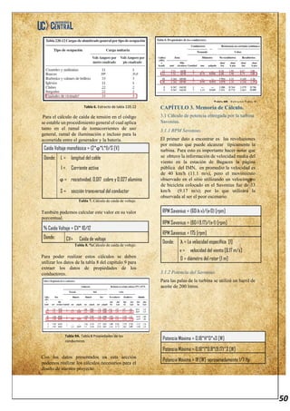 50
Tabla 6. Extracto de tabla 220.12
Para el cálculo de caída de tensión en el código
se estable un procedimiento general el cual aplica
tanto en el ramal de tomacorrientes de uso
general, ramal de iluminación e incluso para la
acometida entre el generador y la batería.
Caída Voltaje monofásica = (2*ϕ*L*I)/S [V]
Donde: L = longitud del cable
I = Corriente activa
ϕ = resistividad, 0,017 cobre y 0,027 aluminio
S = sección transversal del conductor
Tabla 7. Cálculo de caída de voltaje.
También podemos calcular este valor en su valor
porcentual.
% Caída Voltaje = CV* 10/12
Donde: CV= Caída de voltaje
Tabla 8. %Cálculo de caída de voltaje.
Para poder realizar estos cálculos se deben
utilizar los datos de la tabla 8 del capítulo 9 para
extraer los datos de propiedades de los
conductores.
Tabla 9A. Tabla 8 Propiedades de los
conductores
Con los datos presentados en esta sección
podemos realizar los cálculos necesarios para el
diseño de nuestro proyecto.
CAPÍTULO 3. Memoria de Cálculo.
3.1 Cálculo de potencia entregada por la turbina
Savonius.
3.1.1 RPM Savonius.
El primer dato a encontrar es las revoluciones
por minuto que puede alcanzar típicamente la
turbina. Para esto es importante hacer notar que
se obtuvo la información de velocidad media del
viento en la estación de Bagaces la página
pública del IMN, en promedio la velocidad es
de 40 km/h (11.1 m/s), pero el movimiento
observado en el sitio utilizando un velocímetro
de bicicleta colocado en el Savonius fue de 33
km/h (9.17 m/s); por lo que utilizará la
observada al ser el peor escenario.
RPM Savonius = (60·λ·v)/(π·D) [rpm]
RPM Savonius = (60·1·9.17)/(π·1) [rpm]
RPM Savonius = 175 [rpm]
Donde: λ = La velocidad específica [1]
v = velocidad del viento [9.17 m/s]
D = diámetro del rotor [1 m]
3.1.2 Potencia del Savonius.
Para las palas de la turbina se utilizó un barril de
aceite de 200 litros.
Potencia Máxima = 0,18*H*D*v3 [W]
Potencia Máxima = 0,18*1*0.8*(9.17)^3 [W]
Potencia Máxima = 111 [W] aproximadamente 1/7 Hp
Tabla 9B. Extracto Tabla 8.
 