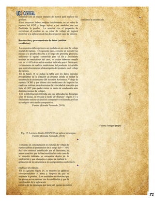 71
contando con un mayor número de puntos para realizar las
gráficas.
Estas muestras deben medirse inicialmente en su valor de
ruptura del GDT y luego volver a ser medidas una vez
finalizada la prueba. Lo anterior con el propósito de
corroborar el cambio en su valor de voltaje de ruptura
posterior a la aplicación de las descargas (en caso de existir).
Recolección y procesamiento de datos (análisis
estadístico).
Las muestras deben primero ser medidas en su valor de voltaje
inicial de ruptura. El siguiente paso, consiste en someter las
piezas a la prueba descrita a lo largo del presente proyecto,
utilizando el equipo construido para tal fin y finalmente
realizar las mediciones del caso, las cuales deberán cumplir
con un +/-10% de su valor nominal indicado por el fabricante.
Al momento de realizar mediciones del producto la variable
que atañe directamente el desempeño del producto es el voltaje
de ruptura.
En la figura 16 se indica la tabla con los datos iniciales
provenientes de la estación de pruebas donde se miden la
resistencia de aislamiento (IR Isolation Resistance, Voltaje de
ruptura DCBD y por último dos mediciones de Impulso las
cuales se realizan para determinar la velocidad de reacción que
tiene el GDT para poder entrar en modo de conducción ante
distintas rampas de voltaje).
Con la información obtenida, una vez aplicadas las descargas
a las 10 piezas, se procede a medir el “después” (figura 17) y
finalmente realizar un análisis comparativo utilizando gráficas
o cualquier otro medio comparativo.
Fig. 17: Lecturas finales DESPUES de aplicar descargas.
Fuente: (Estrada Fernando, 2018)
Tomando en consideración los valores de voltaje de
ruptura deben de permanecer en el rango del +/- 10%
del valor nominal establecido por el fabricante; se
puede concluir que la funcionalidad en este caso de
la muestra indicada se encuentra dentro de lo
establecido y que el equipo es capaz de realizar la
aplicación de las descargas a los componentes conforme lo
establece el estándar.
En la siguiente figura 18, se muestra las gráficas
correspondientes al antes y después de que se
realizara la prueba. Los resultados evidencian que
las piezas se encuentran con lo establecido y que la
verificación de la aplicación
correcta de las descargas por parte del equipo se realizó
conforme lo establecido.
Fuente: (Estrada Fernando, 2018)
Fuente: Imagen propia
 