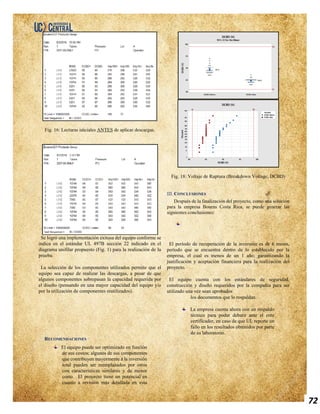 72
Se logró una implementación exitosa del equipo conforme se
indica en el estándar UL 497B sección 22 indicado en el
diagrama unifilar propuesto (Fig. 1) para la realización de la
prueba.
La selección de los componentes utilizados permite que el
equipo sea capaz de realizar las descargas, a pesar de que
algunos componentes sobrepasan la capacidad requerida por
el diseño (pensando en una mayor capacidad del equipo y/o
por la utilización de componentes reutilizados).
El período de recuperación de la inversión es de 6 meses,
período que se encuentra dentro de lo establecido por la
empresa, el cual es menos de un 1 año; garantizando la
justificación y aceptación financiera para la realización del
proyecto.
El equipo cuenta con los estándares de seguridad,
construcción y diseño requeridos por la compañía para ser
utilizado una vez sean aprobados
los documentos que lo respaldan.
La empresa cuenta ahora con un respaldo
técnico para poder debatir ante el ente
certificador, en caso de que UL reporte un
fallo en los resultados obtenidos por parte
de su laboratorio.
RECOMENDACIONES
El equipo puede ser optimizado en función
de sus costos; algunos de sus componentes
que contribuyen mayormente a la inversión
total pueden ser reemplazados por otros
con características similares y de menor
costo. El proyecto tiene un potencial en
cuanto a revisión más detallada en esta
 