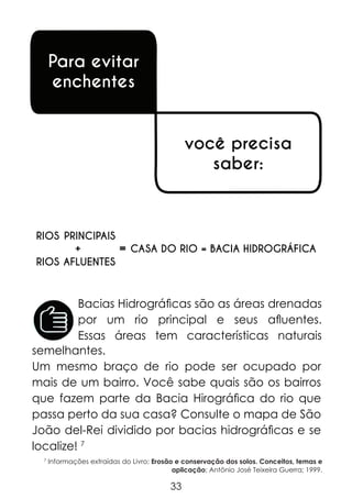 Para evitar
enchentes
você precisa
saber:

RIOS PRINCIPAIS

+

RIOS AFLUENTES

=

CASA DO RIO = BACIA HIDROGRÁFICA

Bacias Hidrográficas são as áreas drenadas
por um rio principal e seus afluentes.
Essas áreas tem características naturais
semelhantes.
Um mesmo braço de rio pode ser ocupado por
mais de um bairro. Você sabe quais são os bairros
que fazem parte da Bacia Hirográfica do rio que
passa perto da sua casa? Consulte o mapa de São
João del-Rei dividido por bacias hidrográficas e se
localize! 7
7

Informações extraídas do Livro: Erosão e conservação dos solos. Conceitos, temas e
aplicação; Antônio José Teixeira Guerra; 1999.

33

 