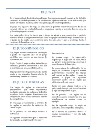 lorem ipsum                                                                   nº problema, fecha

                                         EL JUEGO
    En el desarrollo de los individuos el juego desempeña un papel central, se ha definido
    como una actividad que tiene el fin en sí misma, oponiéndola así a otras actividades que
    tienen un objetivo exterior, como conseguir algo, resolver un problema.

    El juego está ligado a la etapa de inmadurez y permite resistir frustración de no ser
    capaz de obtener un resultado lo cual es importante cuando se aprende. Este no surge de
    golpe sino progresivamente.

    Los principales tipos de juego son el juego de ejercicio que caracteriza el periodo
    sensorio-motor, el juego simbólico que tiene su apogeo durante la etapa preoperatoria y
    el juego de las reglas que comienza hacia los seis años y que se prolonga hasta el
    comienzo de la adolescencia.


       EL JUEGO SIMBOLICO
    Los juegos sensorio-motores se prolongan        los cinco años.
    a partir del segundo año en el juego
    simbólico que supone ya una forma de            La tercera etapa      de cooperación
    representación                                  supone ya el jugar con los otros, tratar
                                                    de ganar y al mismo tiempo respetar el
    Según Piaget el juego y sobre todo el juego     cumplimiento de las reglas.
    simbólico, permite transformar lo real por
    la asimilación a las necesidades del yo.        La cuarta etapa de codificación de las
                                                    reglas, se caracteriza porque el niño es
    El juego simbólico le permite al niño dar la    perfectamente consciente del empleo
    vuelta a esta situación, hacerse dueño de       del empleo de las reglas y antes de
    su destino y someterle a deseos.
                                                    ponerse a jugar los jugadores
                                                    establecen cuáles son las reglas que
       EL JUEGO DE REGLAS                           utilizarán y de qué forma.

                                                    Junto con estas etapas relativas a la
    Los juego de reglas se caracterizan             práctica de la regla que tienen los niños
    precisamente por estar organizados              y aquí distinguió tres etapas.
    mediante una serie de reglas que todos los
    jugadores deben respetar. Se establece una      En la primera     las reglas no se
    cooperación entre ellos y al mismo tiempo       consideran como obligatorias sino que
    de competencia.                                 simplemente se acatan como un
                                                    ejemplo.
    En este juego y examinando la práctica de
    las reglas se descubre la existencia de         En la segunda etapa la regla se
    cuatro etapas.                                  considera como sagrada e intangible.
    En la primera es una etapa motora e             En la tercera se considera debida al
    individual                                      mutuo conocimiento y por ello debe
                                                    respetarse.
    La segunda se caracteriza por la aparición
    de las reglas y empieza entre los dos y



                                                                                                13
 