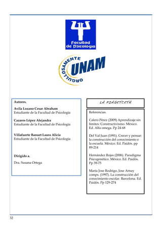 lorem ipsum                                                             nº problema, fecha




     Autores.                                         LA PIAGETCETA
     Avila Lozano Cesar Abraham
     Estudiante de la Facultad de Psicología   Referencias.

     Cazares López Alejandra                   Calero Pérez (2009) Aprendizaje sin
     Estudiante de la Facultad de Psicología   límites: Constructivismo. México.
                                               Ed. Alfa omega. Pp 24-68

     Villafuerte Banuet Laura Alicia           Del Val Juan (1991). Crecer y pensar:
     Estudiante de la Facultad de Psicología   la construcción del conocimiento e
                                               la escuela. México. Ed. Paidós. pp
                                               89-214

     Dirigido a.                               Hernández Rojas (2006). Paradigma
                                               Psicogenético. México. Ed. Paidós.
     Dra. Susana Ortega                        Pp 39-75

                                               María Jose Rodrigo, Jose Arnay
                                               comps. (1997). La construcción del
                                               conocimiento escolar. Barcelona. Ed.
                                               Paidós. Pp 129-274




32
 