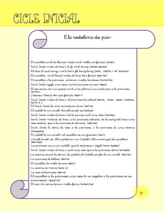 El cavaller amb la llança mata amb molta confiança (Jordi)
Sant Jordi mata al drac i li fa mal al cap (Salma Bassou)
Al drac li surt sang i no li hem fet bang bang (Yoel, Chafik i Mª Dolores).
El cavaller amb l’escut mata al drac ben forçut (Marina).
El cavaller i la princesa es tenen molta tendresa (Estrella).
Sant Jordi agafa una rosa i amb princesa es casa. (Maya).
El rei escriu en un paper amb una ploma una carta per a la princesa
(Aitor).
L’espasa i l’escut són per forçuts. (Nabil)
Sant Jordi mata al drac i al princesa ha salvat (Nerea, Jihan, Manel, Yasmina,
Carla D.)
El Sant Jordi té una armadura dura. (Delia)
El castell te un anell, l’anell és del rei.(Andrea)
Sant Jordi mata al drac i de la panxa surt una rosa (Fatima).
Sant Jordi matarà al drac, a la princesa salvarà, de la sang del drac una
rosa sortirà, que a la princesa li donarà (Adrián)
Sant Jordi li dona la rosa a la princesa, i la princesa te una corona
(Alexandra).
El castell te un anell i el cavaller és un guerrer (Javi)
L’anell és del rei l’ha portat en un Castell i l’ha ensenyat als cavallers
(MarinaH)
La princesa viu a un castell, que te sorpresas i regals (Sara Ouadou).
Sant Jordi mata al drac i surt una rosa que a la princesa dona (Ariadna)
La corona és per la dona i la portat al Castell per fer-li un anell (Dairon)
La princesa té bellesa (Núria).
El cavaller té molts diners (Marc)
La corona és mona (Sara G.).
La rosa és hermosa (Maria)
El cavaller a la princesa una rosa li va regalar i la princesa es va
enamorar. (Natália).
El rei i la reina tenen molta feina (Valentina)
Els rodolins de pri-
1r
 