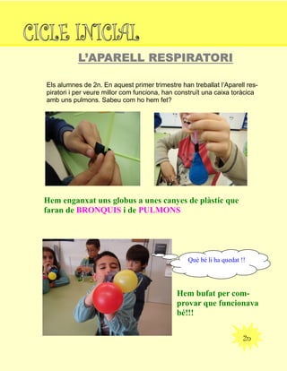 2n
L’APARELLL’APARELLL’APARELL RESPIRATORIRESPIRATORIRESPIRATORI
Els alumnes de 2n. En aquest primer trimestre han treballat l’Aparell res-
piratori i per veure millor com funciona, han construït una caixa toràcica
amb uns pulmons. Sabeu com ho hem fet?
Hem enganxat uns globus a unes canyes de plàstic que
faran de BRONQUIS i de PULMONS
Què bé li ha quedat !!
Hem bufat per com-
provar que funcionava
bé!!!
 