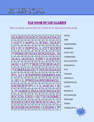 EE
ELS NOMS DE LES CLASSES
S A B C S S E C S S A O A Z
I G T I A P L L E N L S A F
O I F I S P O L L O T E O O
T R N C E S A O O G S Q L S
A A L A S S L O R I U Q S E
A S I U T T B E Z E B E A C
T O M À Q U E T S O O G A G
P L U I E N R R O B M R U A
L S I L P R G A R G B N G L
O O E E F P I I L A E A I E
L F A B E U N A S E R G A E
E C O L O G I S T E S S M C
E G E C E O E B E E C A L F
E S G E A S S N I Ü G N I P
AIGUA
AIRE
ALBERGINIES
BOMBERS
CAPA OZO
CARBASSES
ECOLOGISTES
ESQUIROLS
FOC
FOQUES
GIRASOLS
GREENPEACE
LLOPS
MUSSOLS
NATURALESA
PINGÜINS
TERRA
TOMÀQUETS
Busca en aquesta sopa de lletres els 18 noms de les classes de la nostra escola.
 