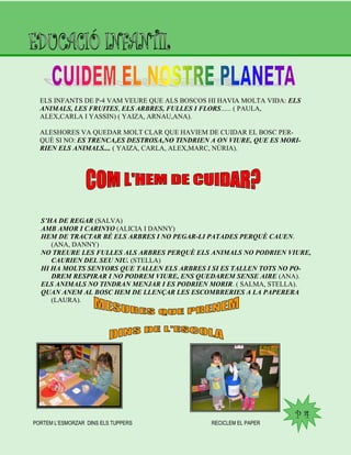 P 4
ELS INFANTS DE P-4 VAM VEURE QUE ALS BOSCOS HI HAVIA MOLTA VIDA: ELS
ANIMALS, LES FRUITES, ELS ARBRES, FULLES I FLORS...... ( PAULA,
ALEX,CARLA I YASSIN) ( YAIZA, ARNAU,ANA).
ALESHORES VA QUEDAR MOLT CLAR QUE HAVIEM DE CUIDAR EL BOSC PER-
QUÈ SI NO: ES TRENCA,ES DESTROSA,NO TINDRIEN A ON VIURE, QUE ES MORI-
RIEN ELS ANIMALS.... ( YAIZA, CARLA, ALEX,MARC, NÚRIA).
S’HA DE REGAR (SALVA)
AMB AMOR I CARINYO (ALICIA I DANNY)
HEM DE TRACTAR BÉ ELS ARBRES I NO PEGAR-LI PATADES PERQUÈ CAUEN.
(ANA, DANNY)
NO TREURE LES FULLES ALS ARBRES PERQUÈ ELS ANIMALS NO PODRIEN VIURE,
CAURIEN DEL SEU NIU. (STELLA)
HI HA MOLTS SENYORS QUE TALLEN ELS ARBRES I SI ES TALLEN TOTS NO PO-
DREM RESPIRAR I NO PODREM VIURE, ENS QUEDAREM SENSE AIRE (ANA).
ELS ANIMALS NO TINDRAN MENJAR I ES PODRIEN MORIR. ( SALMA, STELLA).
QUAN ANEM AL BOSC HEM DE LLENÇAR LES ESCOMBRERIES A LA PAPERERA
(LAURA).
PORTEM L’ESMORZAR DINS ELS TUPPERS RECICLEM EL PAPER
 