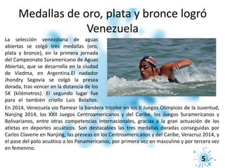 Medallas de oro, plata y bronce logró
Venezuela
La selección venezolana de aguas
abiertas se colgó tres medallas (oro,
plata y bronce), en la primera jornada
del Campeonato Suramericano de Aguas
Abiertas, que se desarrolla en la ciudad
de Viedma, en Argentina.El nadador
Jhondry Segovia se colgó la presea
dorada, tras vencer en la distancia de los
5K (kilómetros). El segundo lugar fue
para el también criollo Luis Bolaños.
En 2014, Venezuela vio flamear la bandera tricolor en los II Juegos Olímpicos de la Juventud,
Nanjing 2014, los XXII Juegos Centroamericanos y del Caribe, los Juegos Suramericanos y
Bolivarianos, entre otras competencias internacionales, gracias a la gran actuación de los
atletas en deportes acuáticos. Son destacables las tres medallas doradas conseguidas por
Carlos Claverie en Nanjing, las preseas en los Centroamericanos y del Caribe, Veracruz 2014, y
el pase del polo acuático a los Panamericanos, por primera vez en masculino y por tercera vez
en femenino.
5
 