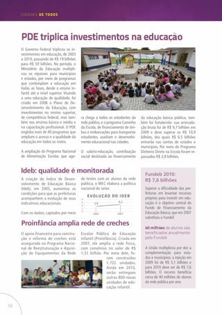 18
CIDADES de TODOS
PDE triplica investimentos na educação
O Governo Federal triplicou os in-
vestimentos em educação, de 2003
a 2010, passando de R$ 19 bilhões
para R$ 59 bilhões. No período, o
Ministério da Educação multipli-
cou os repasses para municípios
e estados, por meio de programas
que contemplam a educação em
todas as fases, desde o ensino in-
fantil até o nível superior. Visando
a uma educação de qualidade, foi
criado em 2008 o Plano de De-
senvolvimento da Educação, com
investimentos no ensino superior,
de competência federal, mas tam-
bém nos ensinos básico e médio e
na capacitação profissional. O PDE
engloba mais de 40 programas que
ampliam o acesso e a qualidade da
educação em todos os níveis.
A ampliação do Programa Nacional
de Alimentação Escolar, que ago-
ra chega a todos os estudantes da
rede pública,e o programa Caminho
da Escola, de financiamento de ôni-
bus e embarcações para transportar
estudantes, auxiliam o desenvolvi-
mento educacional nas cidades.
O salário-educação, contribuição
social destinada ao financiamento
Ideb: qualidade é monitorada
Proinfância amplia rede de creches
O apoio financeiro para constru-
ção e reforma de creches está
assegurado no Programa Nacio-
nal de Reestruturação e Aquisi-
ção de Equipamentos da Rede
Escolar Pública de Educação
Infantil (Proinfância). Criado em
2007, ele amplia a rede física,
com convênios no valor de R$
1,51 bilhão. Por meio dele, fo-
ram construídas
1.722 unidades.
Ainda em 2010,
serão entregues
outras 800 novas
unidades de edu-
cação infantil.
Superar a dificuldade das pre-
feituras em levantar recursos
próprios para investir em edu-
cação é o objetivo central do
Fundo de Financiamento da
Educação Básica, que em 2007
substituiu o Fundef.
Fundeb 2010:
R$ 7,6 bilhões
40 milhões de alunos são
beneficiados anualmente
pelo Fundeb
A União multiplicou por dez a
complementação para esta-
dos e municípios: a injeção em
2009 foi de R$ 5,1 bilhões e
para 2010 deve ser de R$ 7,6
bilhões. O recurso beneficia
cerca de 40 milhões de alunos
da rede pública por ano.
20072005
4,23,8
0
2
4
6
8
EVOLUÇÃO DO IDEB
da educação básica pública, tam-
bém foi fortalecido: sua arrecada-
ção bruta foi de R$ 9,7 bilhões em
2009 e deve superar os R$ 10,9
bilhões, dos quais R$ 6,5 bilhões
entrarão nas contas de estados e
municípios. Por meio do Programa
Dinheiro Direto na Escola foram re-
passados R$ 3,8 bilhões.
A criação do Índice de Desen-
volvimento de Educação Básica
(Ideb), em 2005, aumentou as
condições para que as prefeituras
acompanhem a evolução de seus
indicativos educacionais.
Com os dados, captados por meio
de testes com os alunos da rede
pública, o MEC elabora a política
nacional do setor.
 