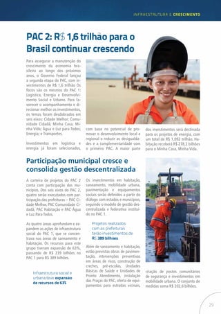 29
infraestrutUra e Crescimento
A carteira de projetos do PAC 2
conta com participação dos mu-
nicípios. Dos seis eixos do PAC 2,
quatro serão executados com par-
ticipação das prefeituras – PAC Ci-
dade Melhor, PAC Comunidade Ci-
dadã, PAC Habitação e PAC Água
e Luz Para Todos.
As quatro áreas aprofundam e ex-
pandem as ações de infraestrutura
social do PAC 1, que se concen-
trava nas áreas de saneamento e
habitação. Os recursos para este
grupo tiveram expansão de 63%,
passando de R$ 239 bilhões no
PAC 1 para R$ 389 bilhões.
Participação municipal cresce e
consolida gestão descentralizada
Os investimentos em habitação,
saneamento, mobilidade urbana,
pavimentação e equipamentos
sociais serão definidos a partir do
diálogo com estados e municípios,
seguindo o modelo de gestão des-
centralizada e federativa instituí-
do no PAC 1.
Além de saneamento e habitação,
estão previstas obras de pavimen-
tação, intervenções preventivas
em áreas de risco, construção de
creches, pré-escolas, Unidades
Básicas de Saúde e Unidades de
Pronto Atendimento, instalação
das Praças do PAC, oferta de equi-
pamentos para estradas vicinais,
criação de postos comunitários
de segurança e investimentos em
mobilidade urbana. O conjunto de
medidas soma R$ 202,6 bilhões.
Para assegurar a manutenção do
crescimento da economia bra-
sileira ao longo dos próximos
anos, o Governo Federal lançou
a segunda etapa do PAC, com in-
vestimentos de R$ 1,6 trilhão Os
focos são os mesmos do PAC 1:
Logística, Energia e Desenvolvi-
mento Social e Urbano. Para fa-
vorecer o acompanhamento e di-
recionar melhor os investimentos,
os temas foram desdobrados em
seis eixos: Cidade Melhor; Comu-
nidade Cidadã; Minha Casa, Mi-
nha Vida; Água e Luz para Todos;
Energia; e Transportes.
Investimentos em logística e
energia já foram selecionados,
PAC 2: R$ 1,6 trilhão para o
Brasil continuar crescendo
com base no potencial de pro-
mover o desenvolvimento local e
regional e reduzir as desigualda-
des e a complementaridade com
o primeiro PAC. A maior parte
dos investimentos será destinada
para os projetos de energia, com
um total de R$ 1,092 trilhão. Ha-
bitação receberá R$ 278,2 bilhões
para o Minha Casa, Minha Vida.
Infraestrutura social e
urbana teve expansão
de recursos de 63%
Projetos realizados
com as prefeituras
terão investimentos de
R$ 389 bilhões
 