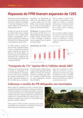 42
FINANÇAS E GESTÃO
Responsável por aproximadamente
um quinto de todas as receitas cap-
tadas pelas prefeituras brasileiras,
o Fundo de Participação dos Mu-
nicípios (FPM) teve crescimento ao
longo dos últimos anos.
Formado por parcela da arrecada-
ção federal obtida com o Imposto
de Renda e com o Imposto sobre
Produtos Industrializados (IPI), o
fundo partiu de R$ 22,7 bilhões em
2003 para R$ 51,3 bilhões em 2008,
o que representou alta de 125%.
Em 2009, quando a recessão nos
países resfriou a indústria brasileira,
o recuo na arrecadação de tributos
acabou reduzindo os repasses do
FPM para R$ 49,473 bilhões. Os
efeitos da queda, entretanto, foram
amortecidos pela manutenção dos
níveis de repasse do FPM, por meio
da edição da MP 462.
Repasses do FPM tiveram expansão de 125%
Somando-se ao desempenho de
2009 os R$ 2,38 bilhões do AFM,
o recurso global bate R$ 51,85
bilhões, o que representa expansão
de 1% frente ao desempenho de
2008 e de 128% diante de 2003.
Distribuição - As regras de divisão
dos recursos do FPM entre as ci-
dades brasileiras estão previstas no
Código Tributário Nacional (CTN).
O valor arrecadado é distribuído
entre as capitais (10%) e os demais
municípios (90%).
Entre as capitais, o rateio é feito
com base na população de cada
cidade em relação ao conjunto
deste grupo e na renda per capita
de seu estado – quanto mais po-
bre o estado, maior a captação
junto ao Fundo.
Para as demais cidades, é levada
em conta uma cesta de indicado-
res sociais, usados para atribuir
índices às prefeituras e calcular
o valor do repasse feito por cada
habitante.
“Conquista do 1%” injetou R$ 4,7 bilhões desde 2007
Cobrança e receita do ITR delegadas aos municípios
A elevação em um ponto percentual
na parcela da arrecadação do IR
e do IPI destinada aos municípios,
de 22,5% para 23,5%, introduzida
pela Emenda Constitucional nº 55
de 2007, representou acréscimo de
R$ 4,7 bilhões para as prefeituras.
Em 2007,quando a medida começou
a vigorar, foram depositados R$ 436
milhões nas contas dos municípios,
referentes ao período entre setem-
bro e novembro. Já 2008 foi levado
em conta integralmente, somando
R$ 2,167 bilhões.
2003
22,724
0
10
20
30
40
50
60
25,050
31,350
34,696
40,631
51,309
49,473
2,836
AFM 2009
2004 2005 2006 2007 2008 2009
REPASSES DO FPM - (em R$ bilhões)
FPM
Mesmo sendo de competência da União, o Imposto sobre a
PropriedadeTerritorial Rural também contribui para ampliar as
receitas das prefeituras. Isso porque estas podem, ao assumir
a cobrança do tributo, reter a receita gerada. A delegação da
cobrança é opcional e depende apenas da assinatura de um
convênio com a Receita Federal. Até março de 2010, 1.317
prefeituras já haviam feito acordo com o fisco federal para
gerenciar e recolher o imposto.
Desde agosto de 2009, servidores municipais estão sendo
capacitados para acompanhar o recolhimento do tributo. A
meta é treinar dois servidores por município.
Apesar de compreender o recolhi-
mento do ano inteiro, o recurso é
repassado em parcela única, paga
em dezembro. O valor é calculado
pelo Tesouro Nacional e repassado
ao Banco do Brasil, que credita na
conta de todos os entes.
Fonte: Secretaria do Tesouro Nacional
 