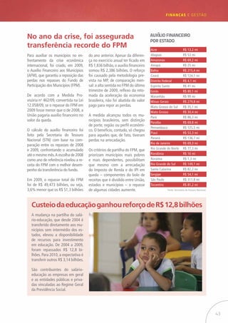 43
FINANÇAS E GESTÃO
No ano da crise, foi assegurada
transferência recorde do FPM
Para auxiliar os municípios no en-
frentamento da crise econômica
internacional, foi criado, em 2009,
o Auxílio Financeiro aos Municípios
(AFM), que garantiu a reposição das
perdas nos repasses do Fundo de
Participação dos Municípios (FPM).
De acordo com a Medida Pro-
visória no
462/09, convertida na Lei
12.058/09, se o repasse do FPM em
2009 fosse menor que o de 2008, a
União pagaria auxílio financeiro no
valor da queda.
O cálculo do auxílio financeiro foi
feito pela Secretaria do Tesouro
Nacional (STN) com base na com-
paração entre os repasses de 2008
e 2009, confrontando o acumulado
até o mesmo mês.A escolha de 2008
como ano de referência nivelou a re-
ceita do FPM com o melhor desem-
penho da transferência do fundo.
Em 2009, o repasse total do FPM
foi de R$ 49,473 bilhões, ou seja,
3,6% menor que os R$ 51,3 bilhões
do ano anterior. Apesar da diferen-
ça no exercício anual ter ficado em
R$ 1,836 bilhão,o auxílio financeiro
somou R$ 2,386 bilhões. O reforço
foi causado pela metodologia pre-
vista na MP, de comparação men-
sal: a alta sentida no FPM do último
trimestre de 2009, reflexo da reto-
mada da aceleração da economia
brasileira, não foi abatida do valor
pago para repor as perdas.
A medida alcançou todos os mu-
nicípios brasileiros, sem distinção
de porte, região ou perfil econômi-
co. O benefício, contudo, só chegou
para aqueles que, de fato, tiveram
perdas na arrecadação.
Os critérios de partilha do FPM, que
priorizam municípios mais pobres
e mais dependentes, possibilitam
que mesmo com a arrecadação
do Imposto de Renda e do IPI em
queda – componentes do bolo de
receitas que é dividido entre União,
estados e municípios – o repasse
de algumas cidades aumente.
CusteiodaeducaçãoganhoureforçodeR$12,8bilhões
AUXÍLIO FINANCEIRO
POR ESTADO
A mudança na partilha do salá-
rio-educação, que desde 2004 é
transferido diretamente aos mu-
nicípios sem intermédio dos es-
tados, elevou a disponibilidade
de recursos para investimento
em educação. De 2004 a 2009,
foram repassados R$ 12,8 bi-
lhões. Para 2010, a expectativa é
transferir outros R$ 3,14 bilhões.
São contribuintes do salário-
educação as empresas em geral
e as entidades públicas e priva-
das vinculadas ao Regime Geral
da Previdência Social.
Acre R$ 13,2 mi
Alagoas R$ 53 mi
Amazonas R$ 69,2 mi
Amapá R$ 25 mi
Bahia R$ 215,4 mi
Ceará R$ 124,1 mi
Distrito Federal R$ 4,1 mi
Espírito Santo R$ 41 mi
Goiás R$ 80,1 mi
Maranhão R$ 99 mi
Minas Gerais R$ 279,8 mi
Mato Grosso do Sul R$ 35,1 mi
Mato Grosso R$ 30,4 mi
Pará R$ 86,3 mi
Paraíba R$ 69,8 mi
Pernambuco R$ 125,5 mi
Piauí R$ 53,3 mi
Paraná R$ 136,7 mi
Rio de Janeiro R$ 69,3 mi
Rio Grande do Norte R$ 77,3 mi
Rondônia R$ 16 mi
Roraima R$ 1,3 mi
Rio Grande do Sul R$ 149,1 mi
Santa Catarina R$ 82,2 mi
Sergipe R$ 54,1 mi
São Paulo R$ 311,8 mi
Tocantins R$ 81,2 mi
Fonte: Secretaria do Tesouro Nacional.
 