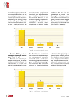 10

                   8
                                                  7
                   6

                                                                      4
     modelar “uma espécie de alto nível”,
                    4                          esquecer conceitos que podem ser         trabalhando. Além disso, eles argu-
                                  3
     então, conhecer a ocorrência das pa-      importantes. Três pessoas disseram       mentaram que, ao consultar a lista,
     lavras era importante para encontrar
                    2                          que a lista foi consultada, mas não 2 algumas palavras-chave de seu con-
                  10
     conceitos que deveriam obrigatoria-       foi considerada. A maioria dos par-      texto em estudo estavam em posições
     mente aparecer na ontologia. A lista
                    0
                                               ticipantes disse que o grande proble-                  0
                                                                                        de pouca relevância na lista. Segundo
                    8
     também ajuda quando anão    leitura de    ma era que a lista abrangia todos os sim eles, a listamuito ser mais útil se
                                                                                                      poderia
                                                  7
                                               pouco            indiferente
     todos os anúncios não pode ser feita,     anúncios do , e não apenas o domí-       aplicada apenas ao conjunto de anún-
                    6
     portanto, a lista é relevante para não    nio específico em que eles estavam       cios específicos a cada grupo.
                                                                      4
                  4
                 10              3
                                 9
                   2
                                                                                           2
                   8

                   0
                                                                                                      0
                   6           não             pouco             indiferente               sim      muito
                                                  4
                   4

                  2
                                                                                           2
                 10
                                 9                                    1
                   0
                                                                                                      0
                   8
                               não             pouco             indiferente               sim      muito

                   6                           Figura 2 - Resultados da segunda questão

                                                  4
                    4
          Os termos divididos por catego-      fusa. No entanto, dois argumentaram     ao descrito na última pergunta, já que
                   10
     rias semânticas ajudaram 9 mode-
                                  na           que a divisão dos termos por catego-    essa lista também misturava palavras-
     lagem? Como?   2 Por quê?                 rias semânticas permite uma melhor
                                                                                     2 chave de todos os anúncios. No entan-
                    8
          A respeito dessa lista, cinco par-
                                                                     1
                                               visualização do tema e é muito impor-   to, essa lista poderia ser excelente se
     ticipantes afirmaram que ela foi con-
                    0                          tante durante a modelagem, quando o                    0
                                                                                       essas informações fossem relativas a
                    6           não
     sultada, mas não foi considerada. Um      grupo tem dificuldades para catego- sim cada anúncio ou a um conjunto espe-
                                               pouco            indiferente                         muito
     participante disse que a maneira como     rizar algum termo. Três participantes   cífico de anúncios. A Figura 3 mostra
     os termos foram apresentados era con-
                    4                          relataram um problema semelhante        as respostas para essa pergunta.
                                                                      3
                                                  2
                  2
                 10
                                 9                                                         1              1
                   0
                   8
                               não             pouco             indiferente               sim        muito

                   6

                   4
                                                                      3
                 10                               2
                  2
                                                                                           1              1
                                                                                           8
                   8
                   0
                               não             pouco             indiferente               sim        muito
                   6
                                               Figura 3 - Resultados da terceira questão

                   4
                                                                                                          3
66   Fonte
     Fonte
                  2
                 10
                                 2                2                                                           Dezembro de 2011
                                                                      1
 